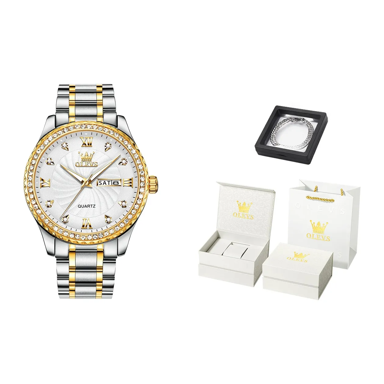 OLEVS Кварцевый механизм ремешок из нержавеющей стали мужские часы белый циферблат