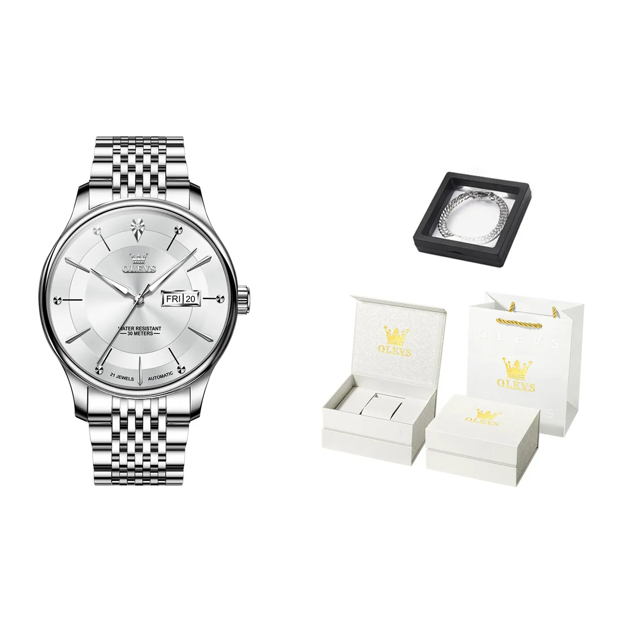 OLEVS Механический механизм ремешок из нержавеющей стали мужские часы белый циферблат