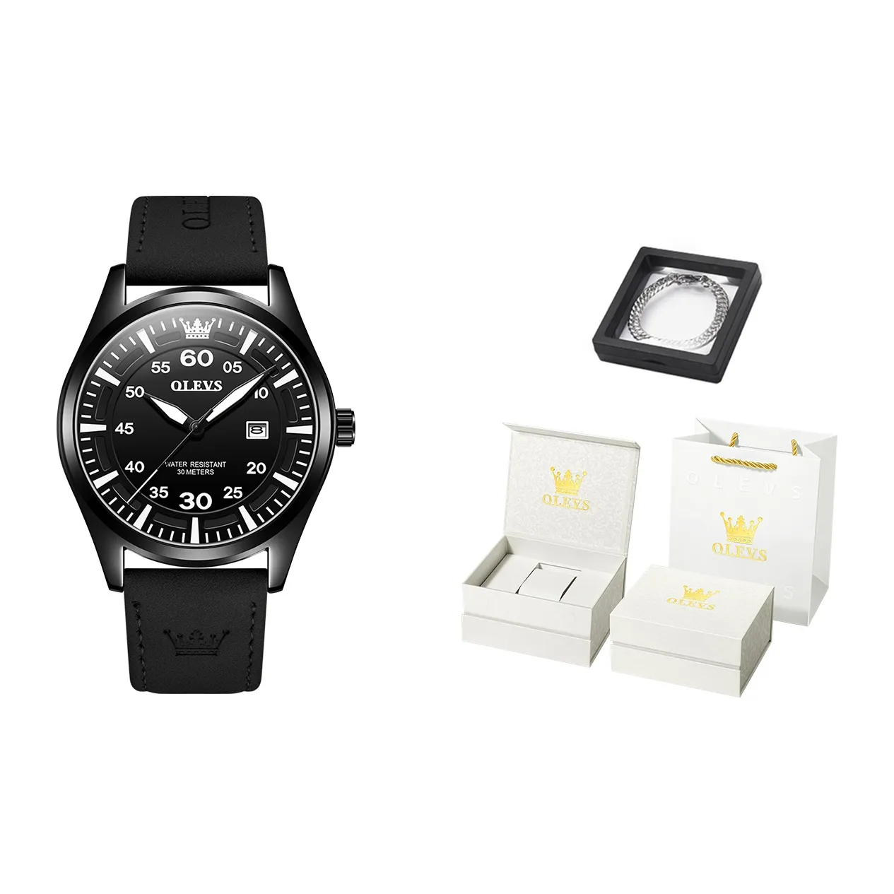 OLEVS Модный тренд Водонепроницаемый Наручные часы Кварцевый механизм ПУ (полиуретан) Ремешок Часы Мужские Черный Циферблат