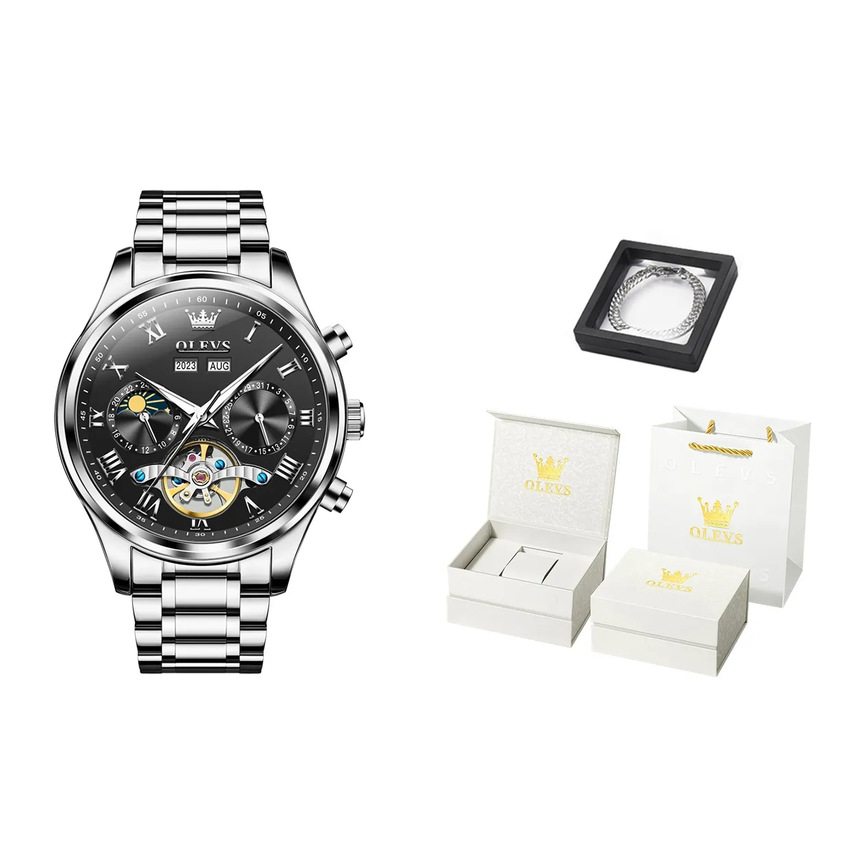 OLEVS Automatic Mechanical Movement Stainless Steel Watchband Watch Men's Watches White Dial