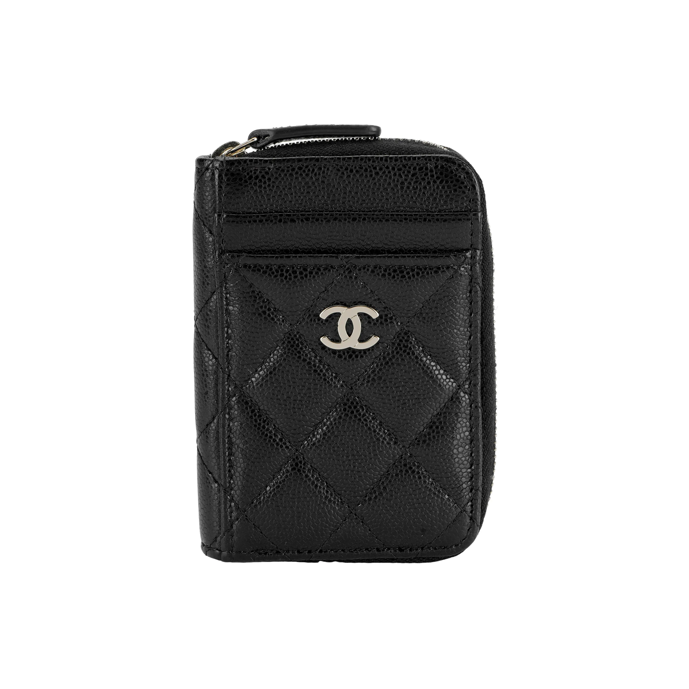 CHANEL Grain Embossed Shiny Caviar Calfskin With Gold Metal Coin Purse, Card Holder Women's Black
