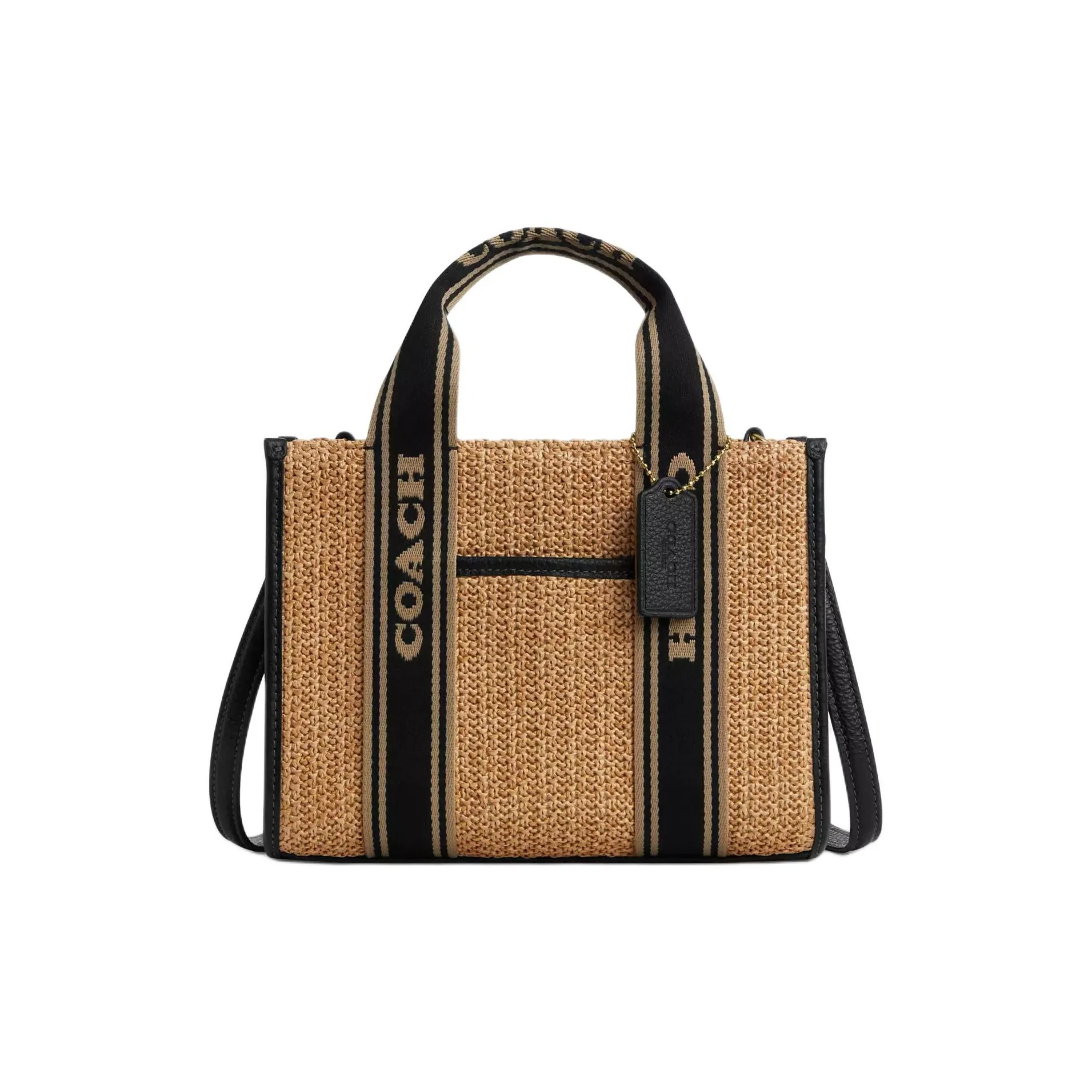 COACH Smith Straw With Leather Tote Bag, Shopping Bag, Shoulder Bag, Handbag Medium Size Women's Khaki & Black