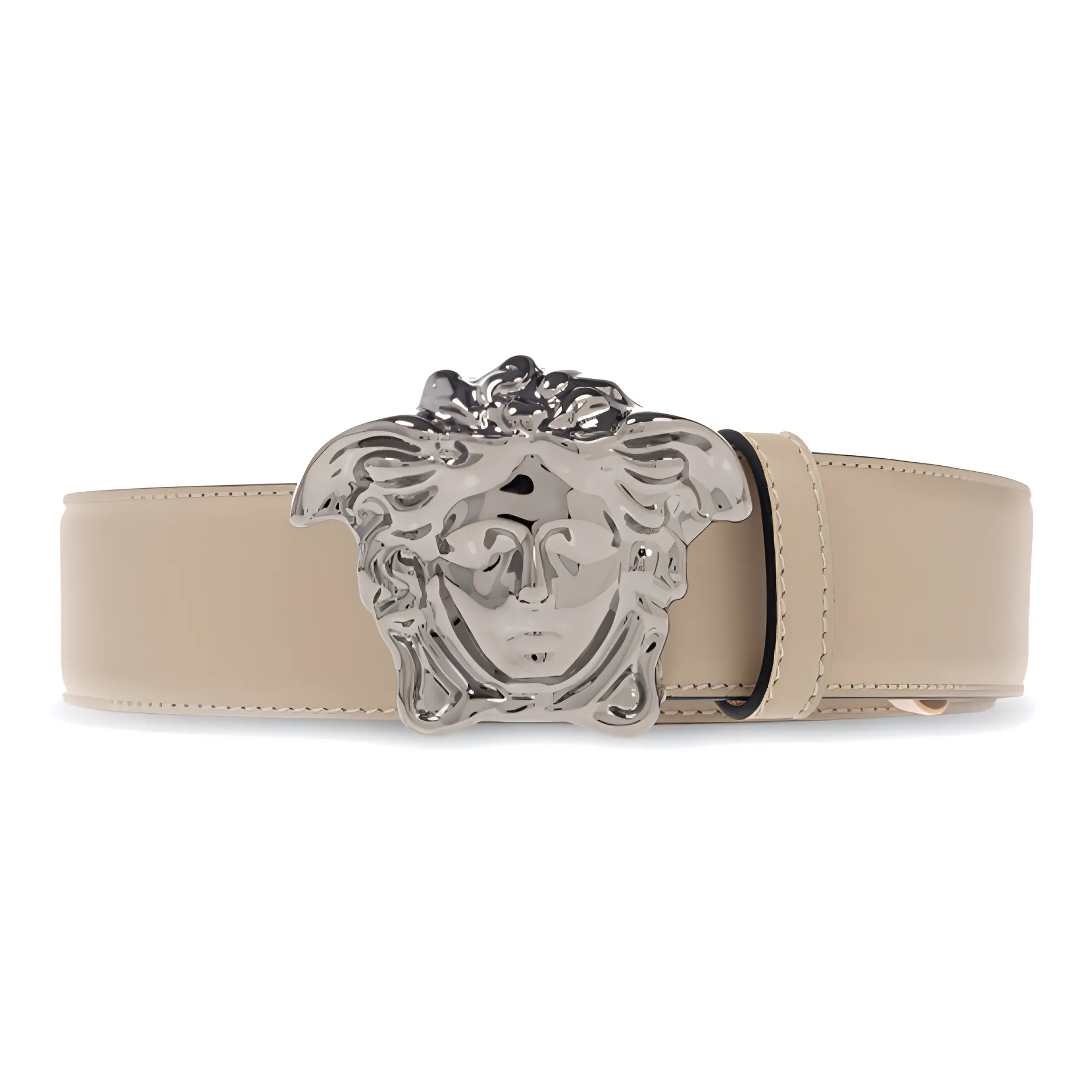 VERSACE Medusa Logo Smooth Buckle Leather Belts Men's Greige Width  4cm