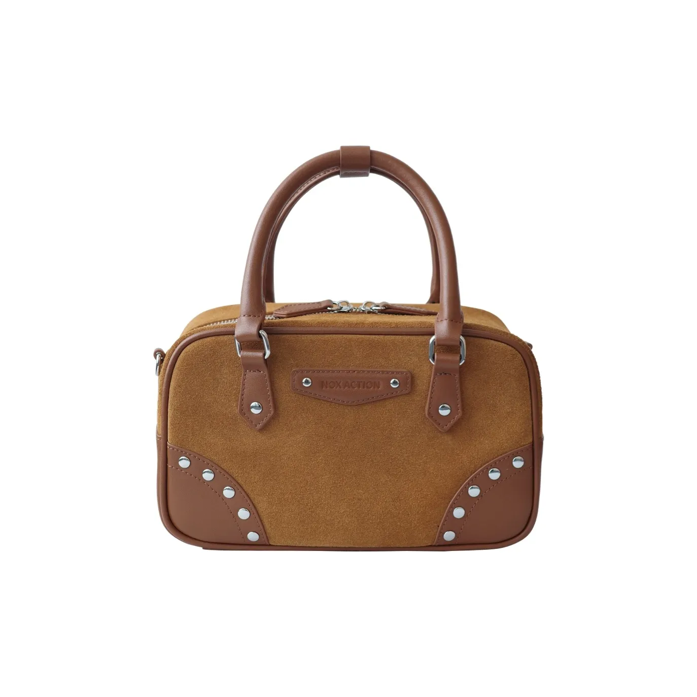 NOX ACTION Корова Кожа с Замшей Stud Бостон Сумка Сумка для Боулинга Сумка Стандартная Женская Каштановый Коричневый