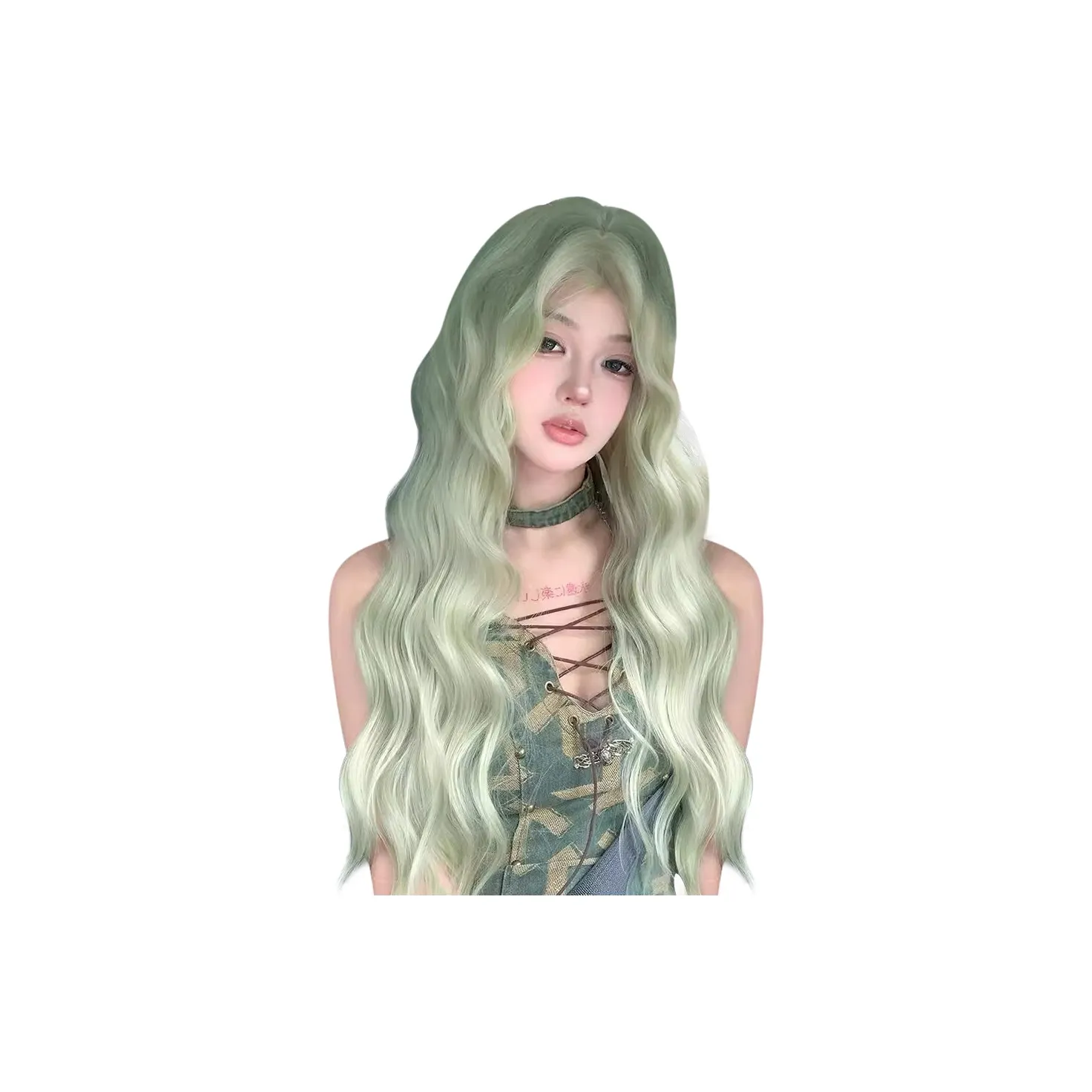 YOUXI Мятный мambo Элегантность Женская парик Авокадо-зеленый Forehead Lace CENTER Длинные кудрявые волосы
