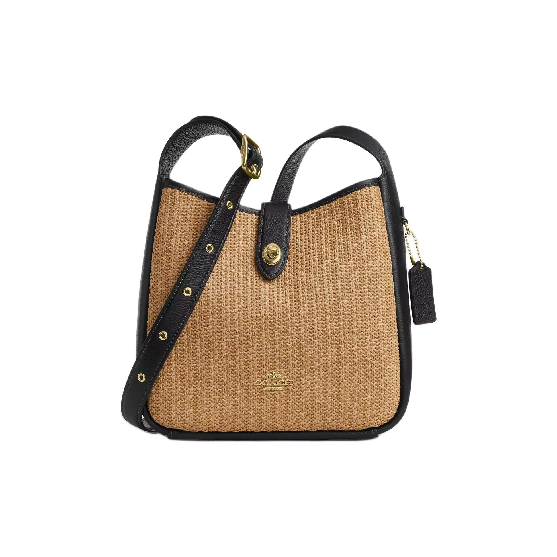 COACH Hadley Straw With Leather Shoulder Bag, Crossbody Bag Medium Size Women's Khaki & Black