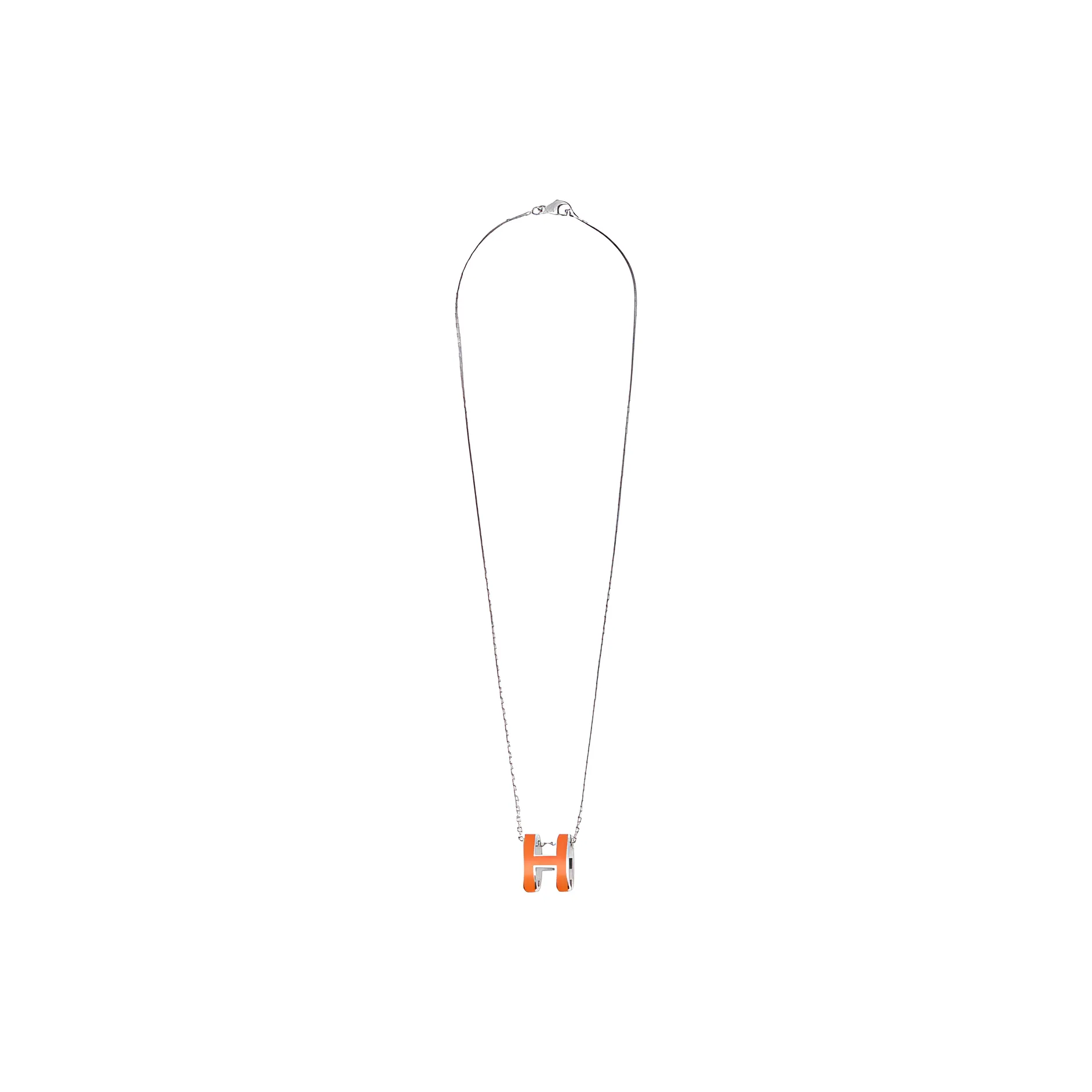 HERMES Palladium Necklaces Women's Vibrant Orange Pendant Silver Chain