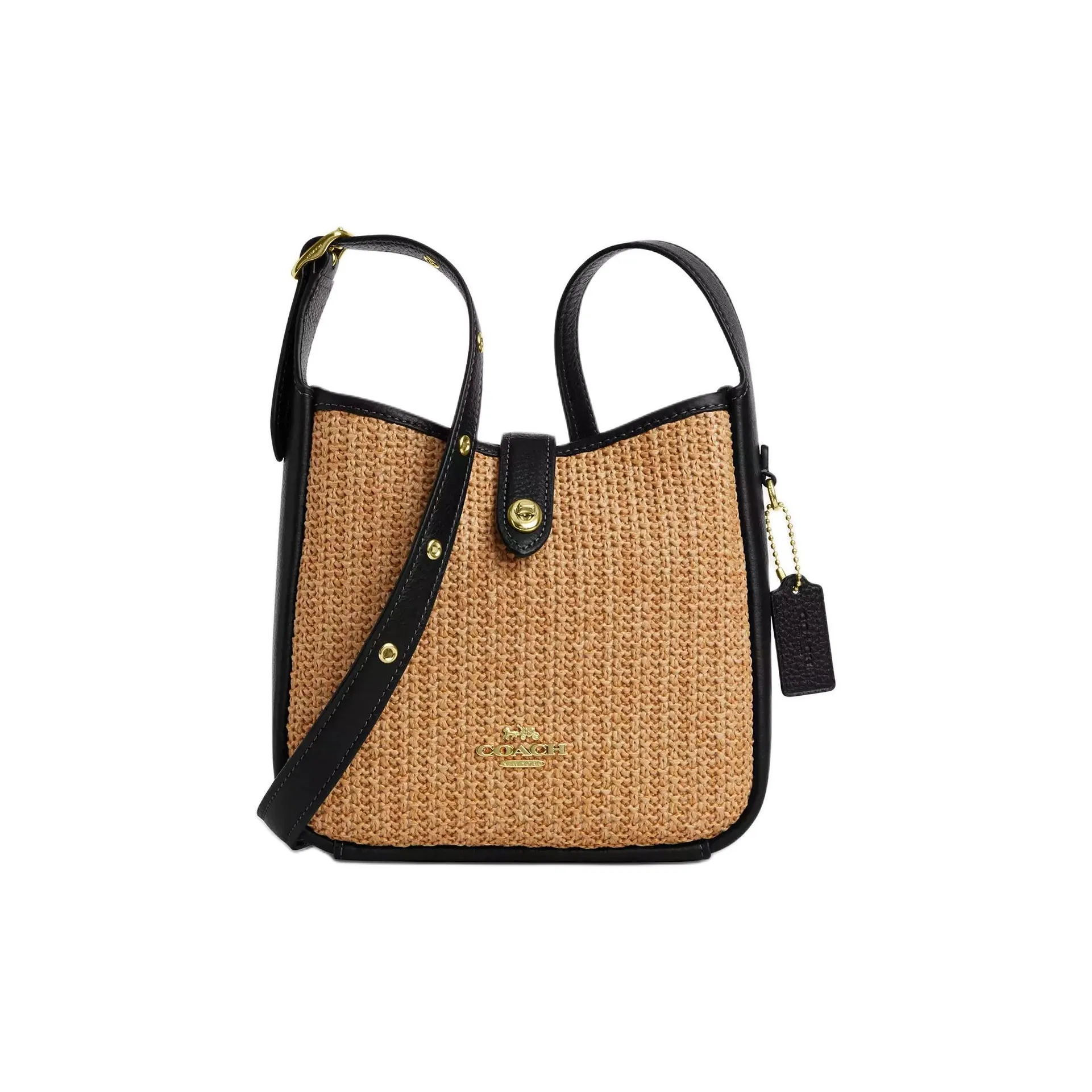 COACH Hadley Straw With Leather Shoulder Bag, Crossbody Bag Mini Women's Khaki & Black