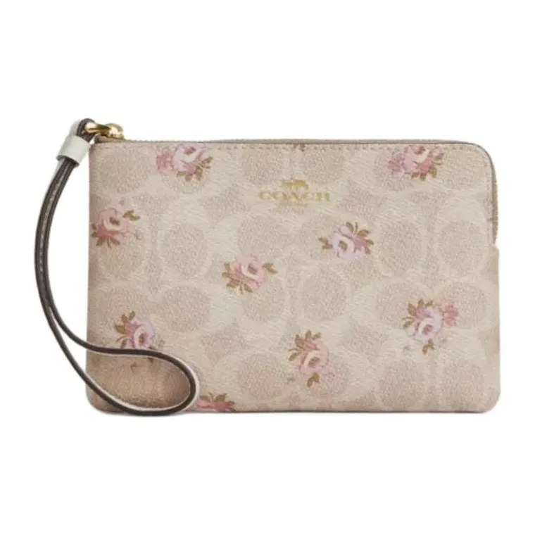 COACH Corner Zip Покрытый холст Клатч Маленький Женский Золотой и Песочный