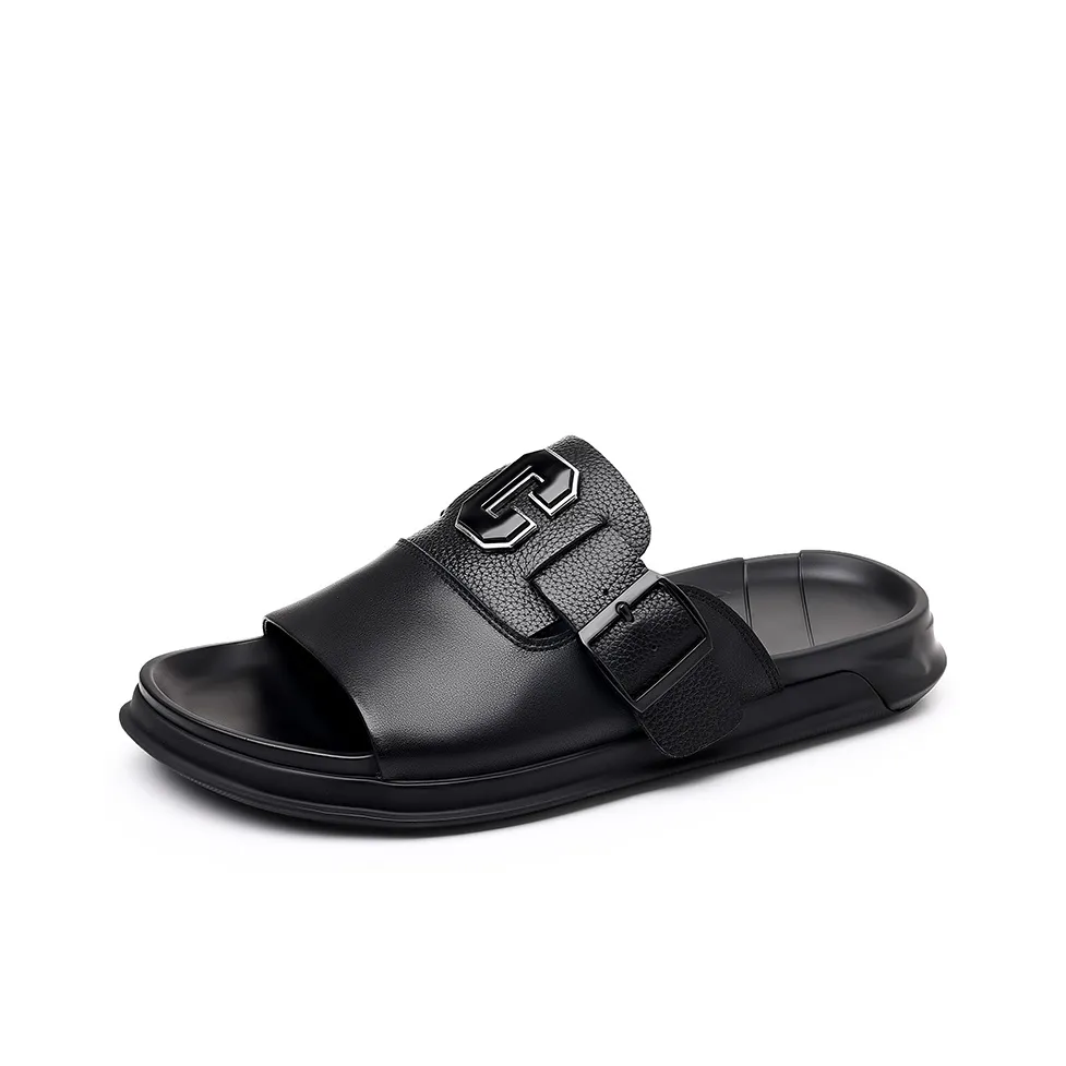 PEHL Rubber Sole Stitching Metal Leather Patchwork Abrasion Resistant Quick Dry Massage Cushioning Slide Slippers Men's