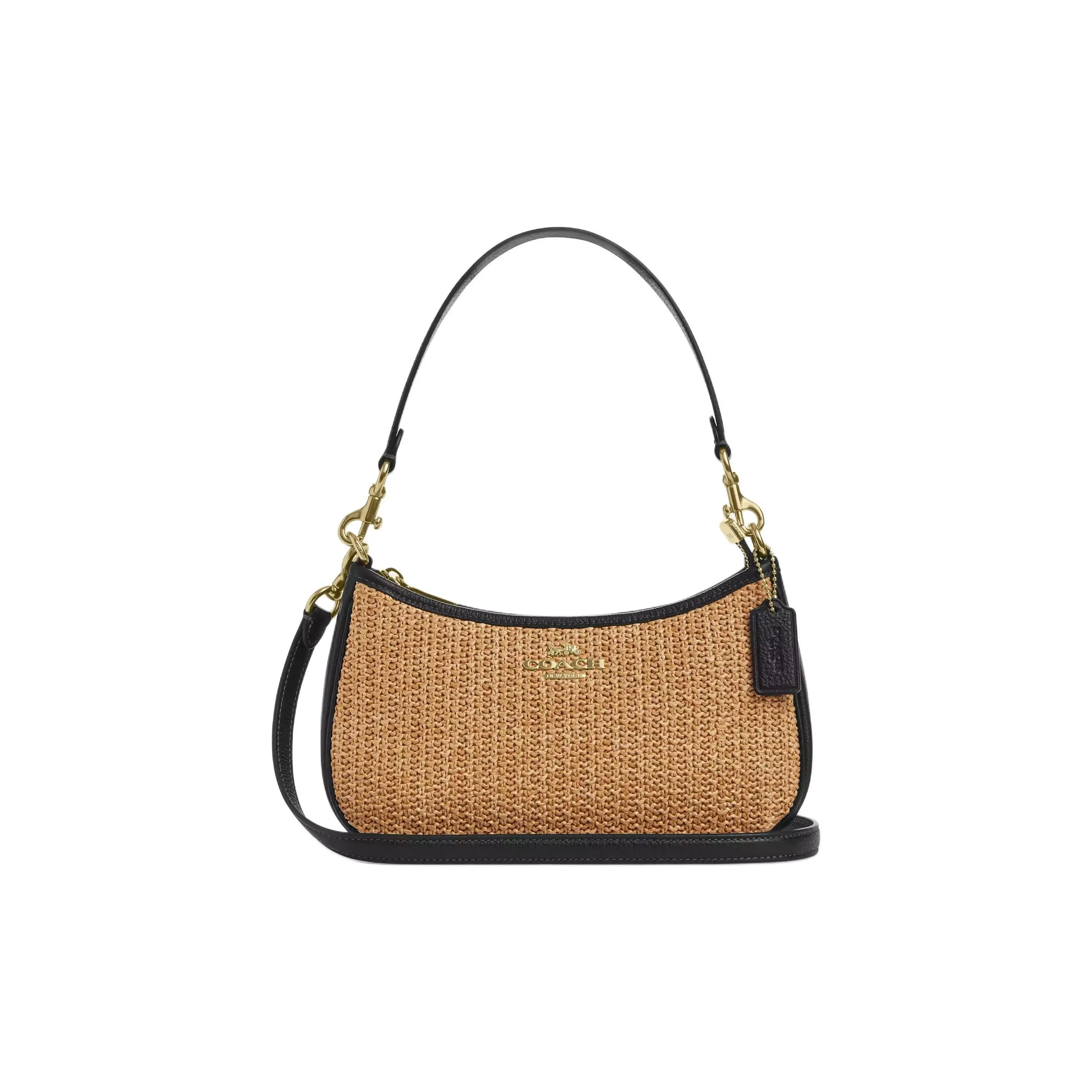 COACH Teri Straw Woven With Leather Handbag, Shoulder Bag Medium Size Women's Khaki & Black