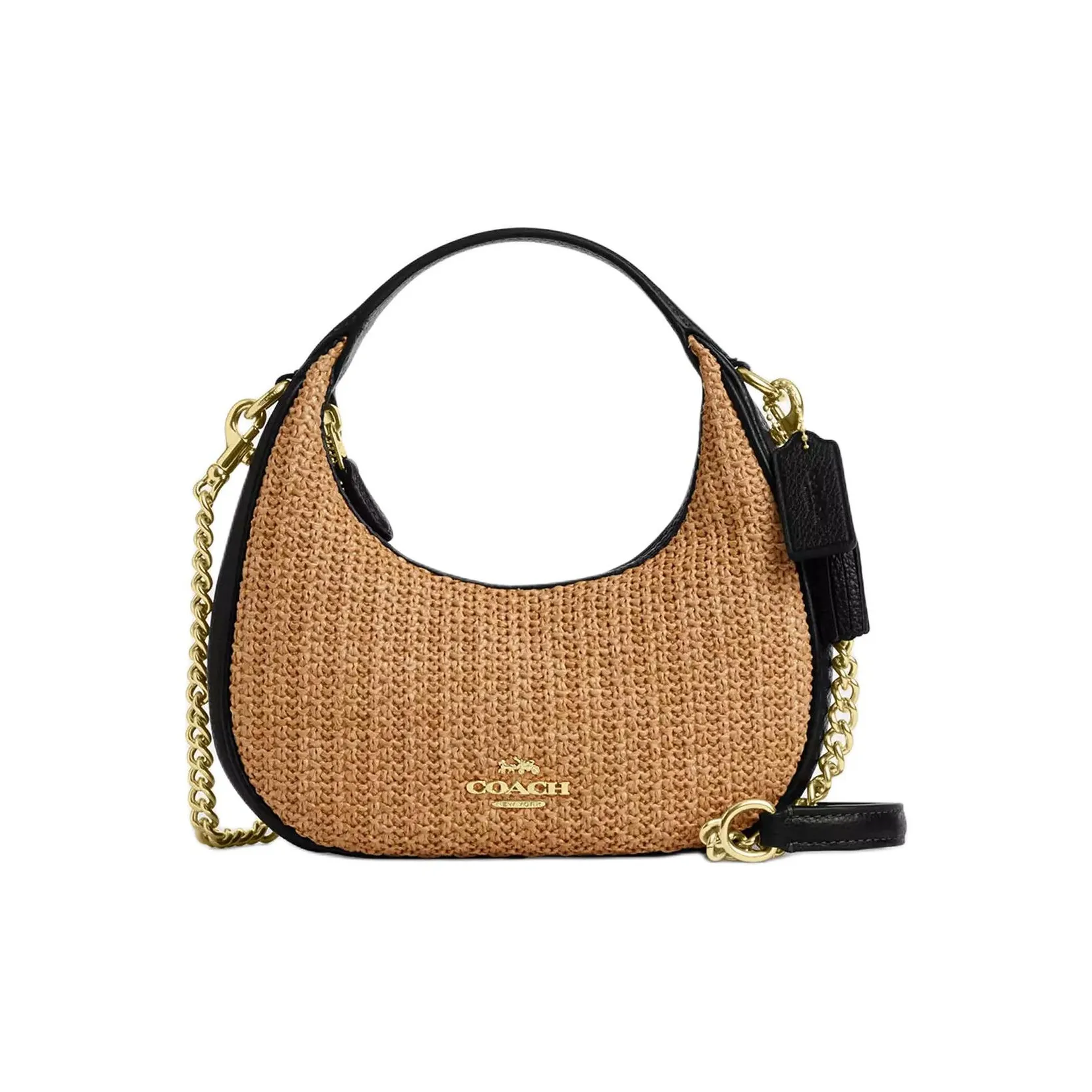 COACH CARMEN Straw With Leather Shoulder Bag, Crossbody Bag, Handbag Mini Women's Khaki & Black