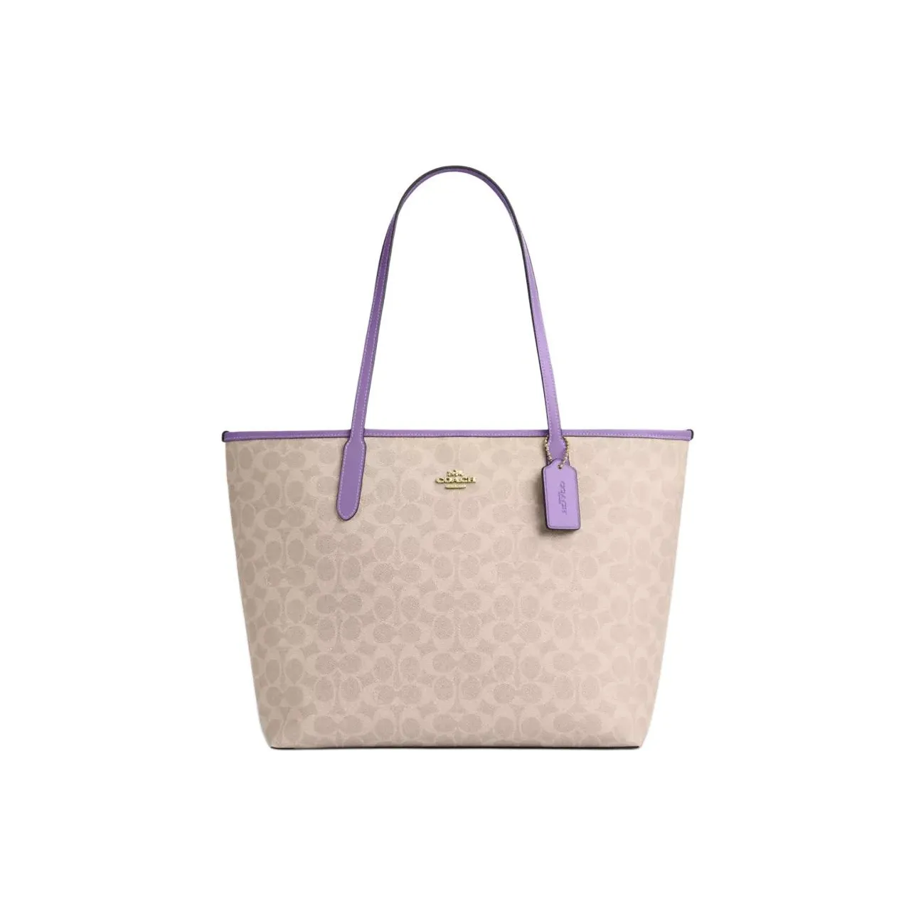 COACH Городская Сумка Tote из Покрытого Холста Сумка для покупок Сумка через плечо Большая Женская Бежевая и Фиолетовая