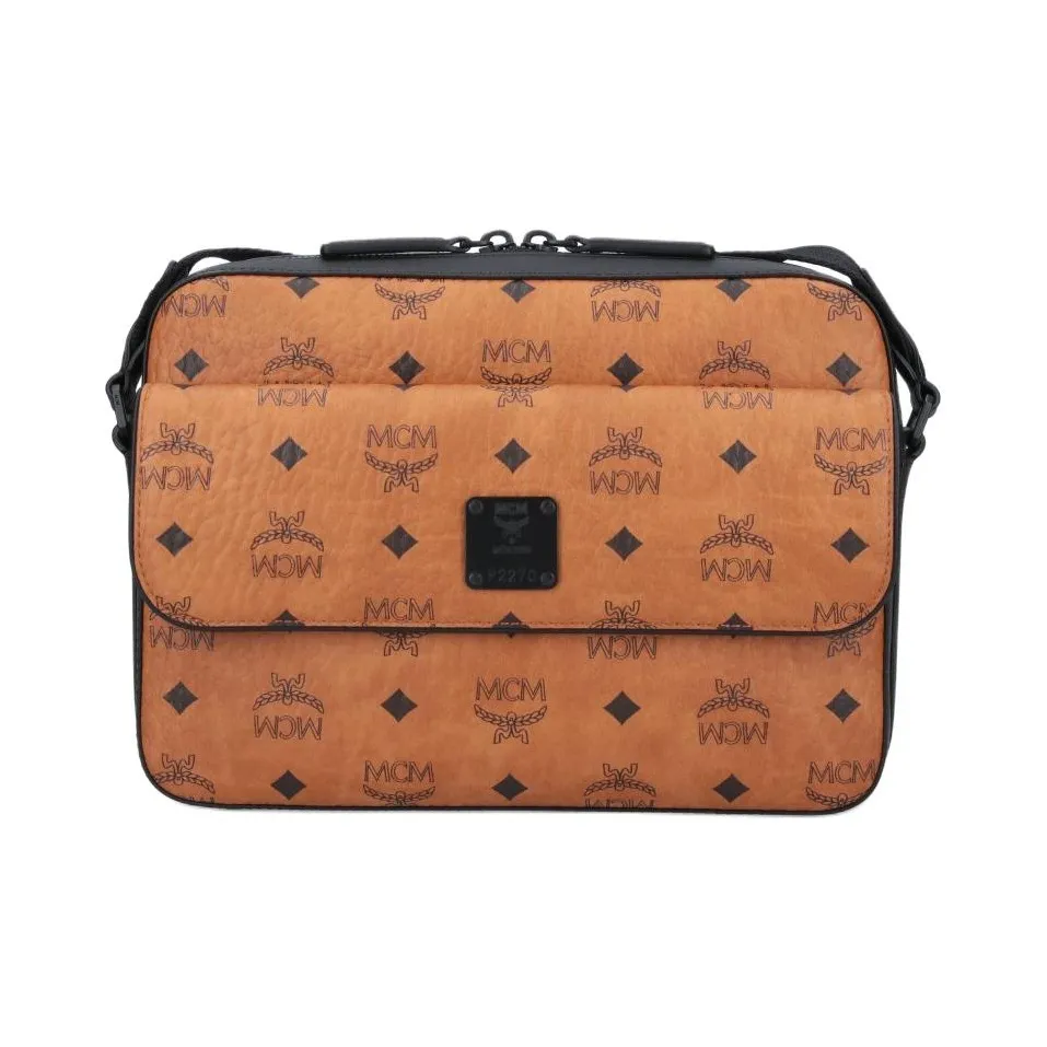 MCM Aren Visetos Coated Canvas Messenger Bag Shoulder Bag Crossbody Bag Medium Size Men's Brown Cognac