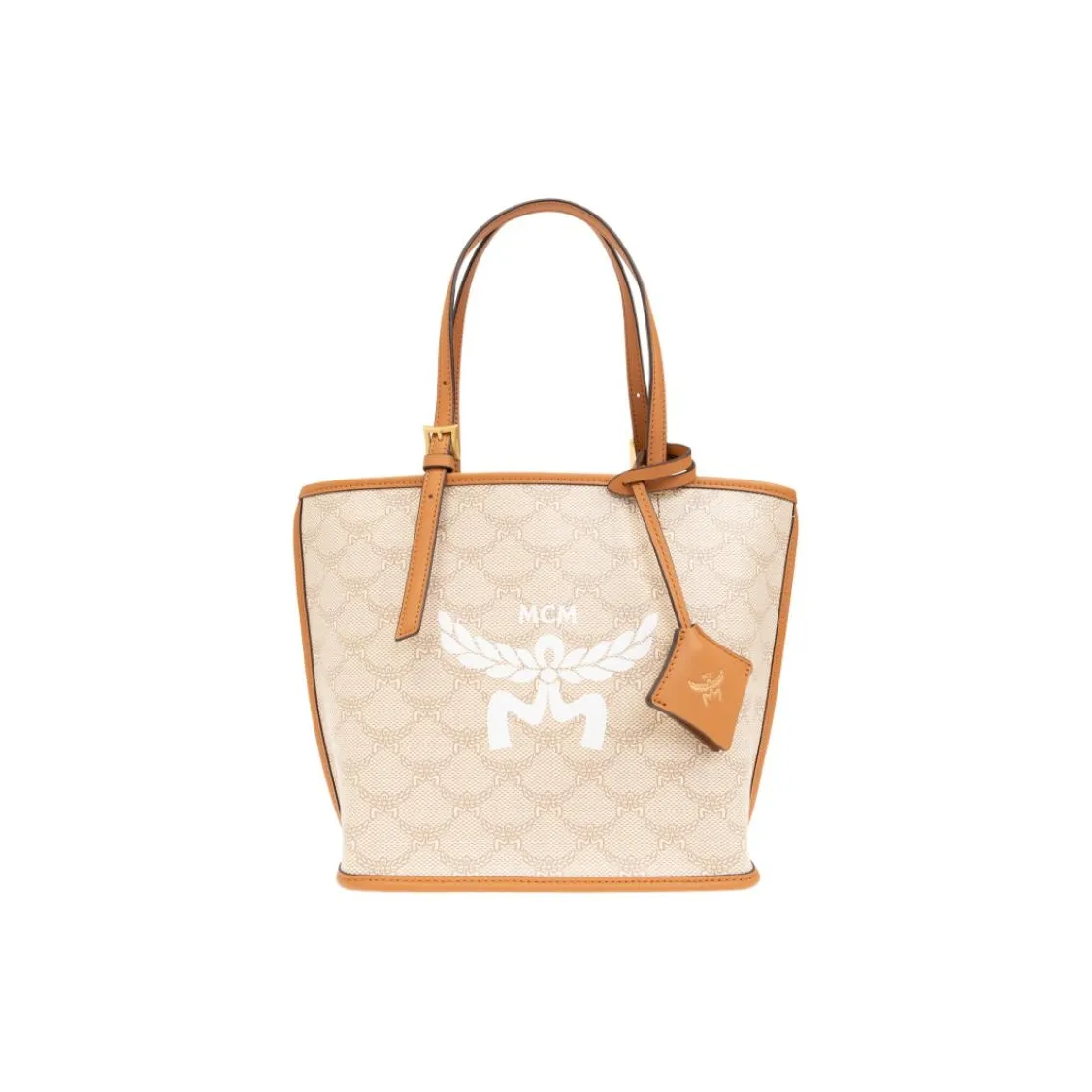 MCM Himmel Canvas With Leather Tote Bag, Shopping Bag, One Shoulder Handbag Mini Women's Beige