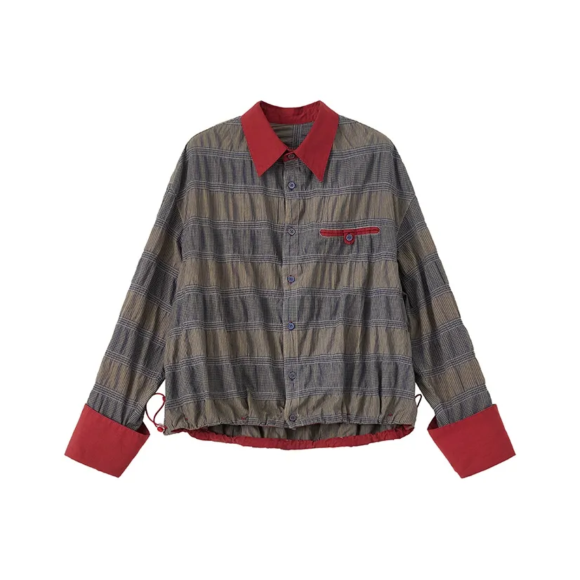 WULISHAONIAN Рубашка Унисекс Синий кофе Клетка