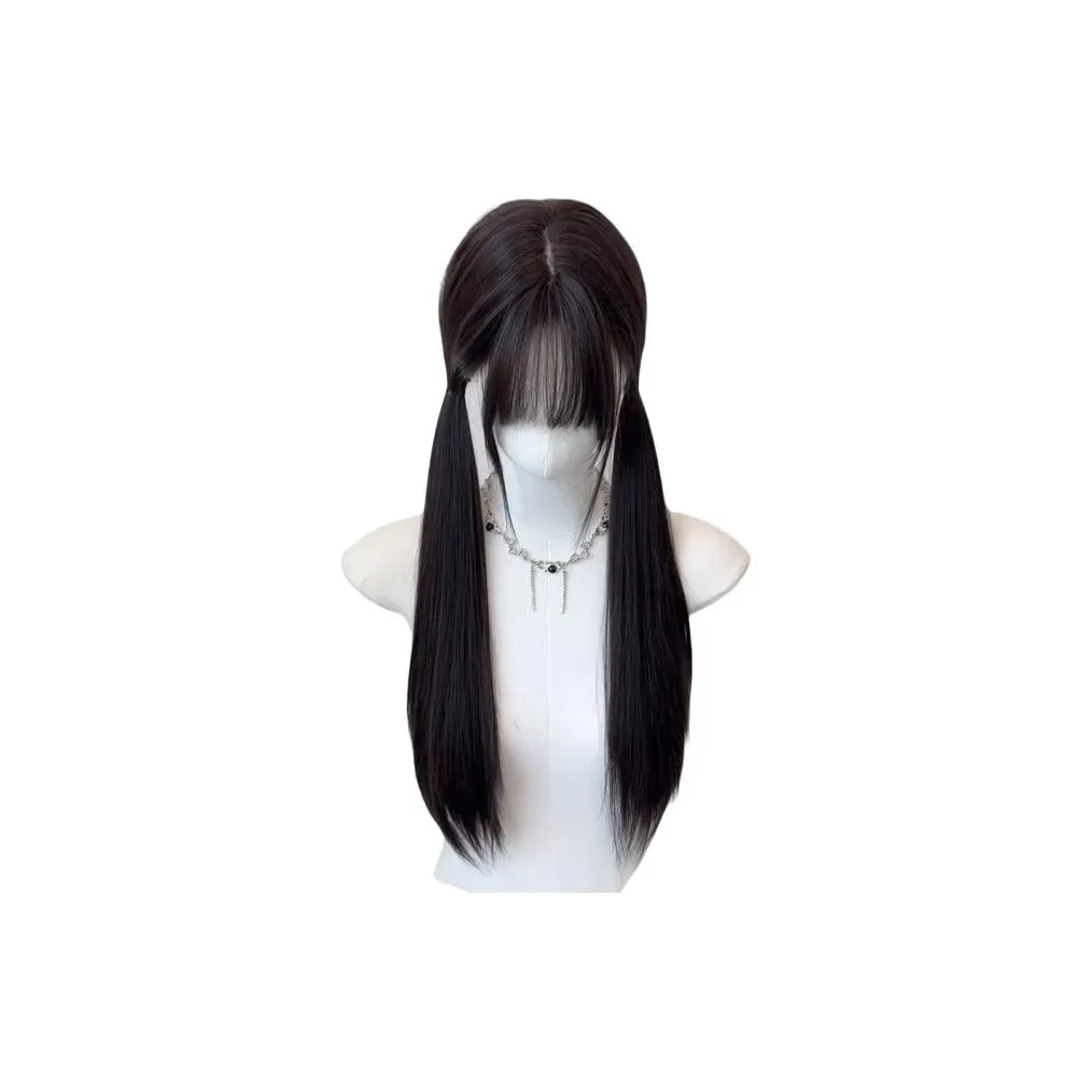 GLUNA Черный длинный прямой стиль Лолита парик с двумя хвостами японский стиль J.K. с боковой бахромой