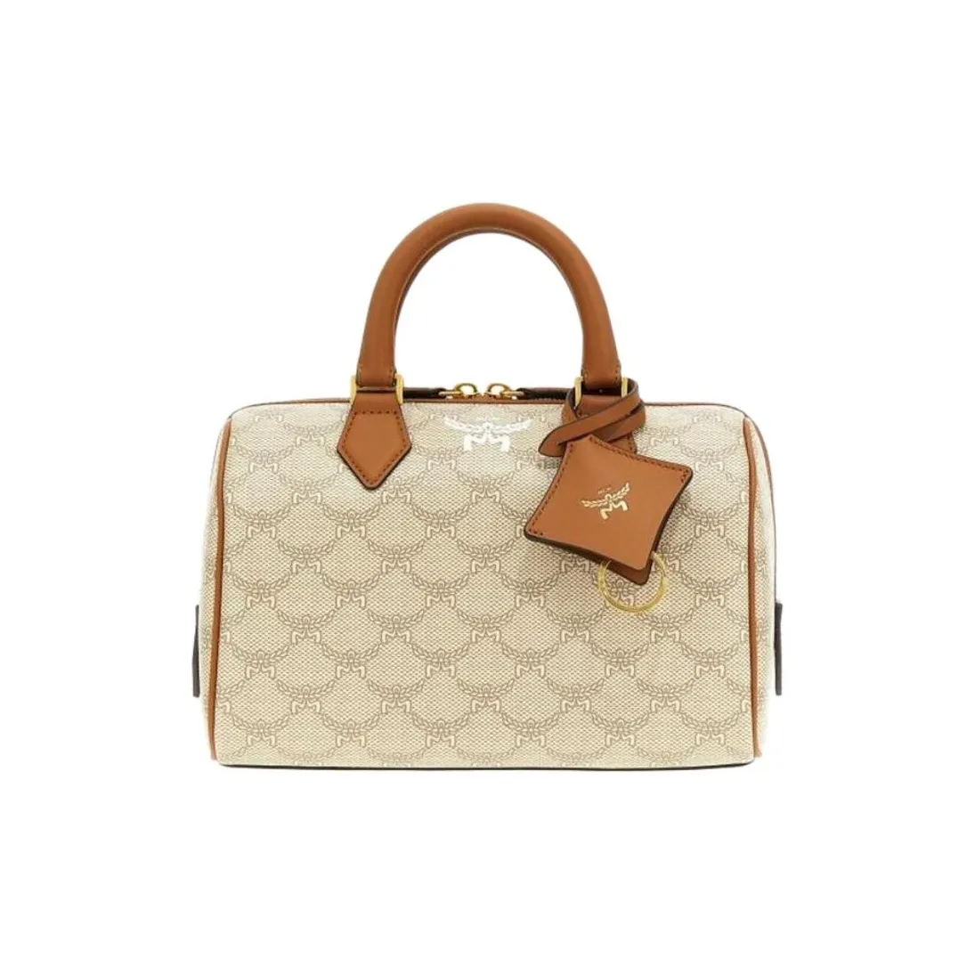 MCM Canvas With Leather Boston Bag, Shoulder Bag, Crossbody Bag, Handbag Trumpets Women's Beige