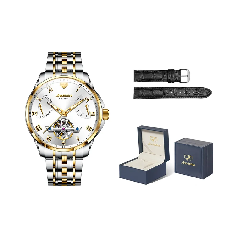 Jin Shi Dun Automatic Mechanical Movement Stainless Steel Watchband Watch Men's Watches White Dial