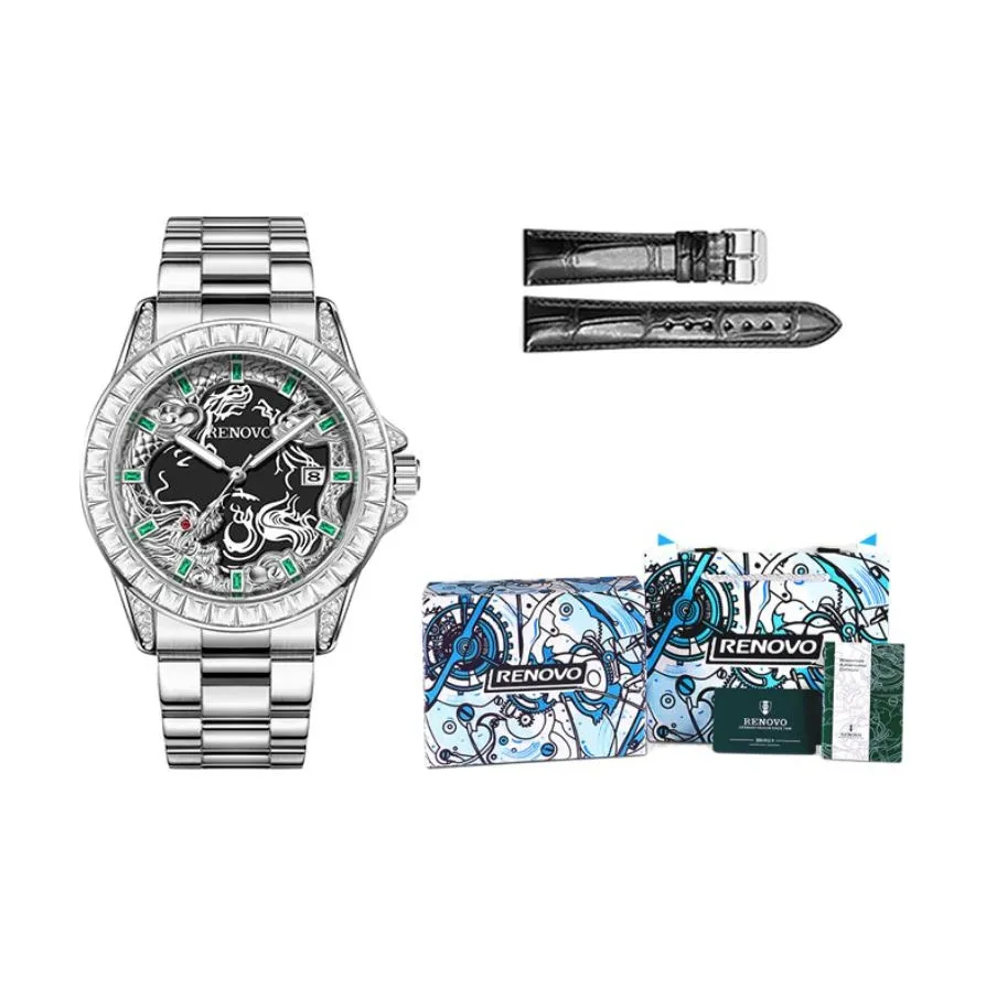 RENOVO Кварцевый механизм ремешок из нержавеющей стали черный циферблат мужские часы