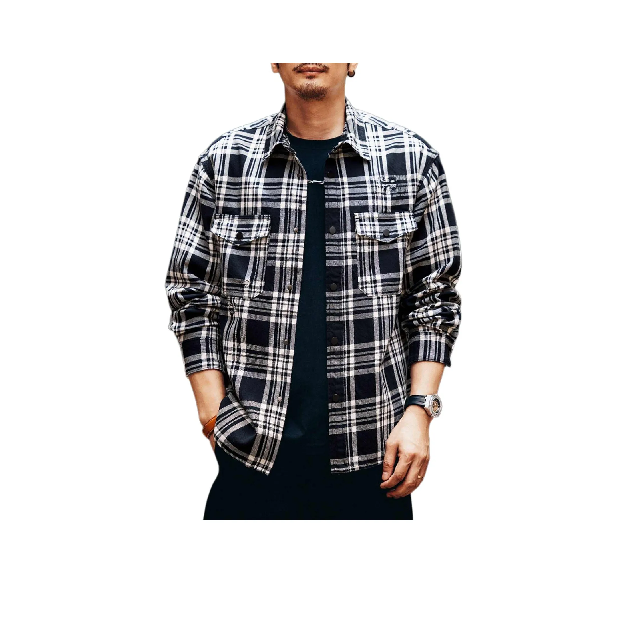 GELANLU Рубашка Мужская Черная Клетка