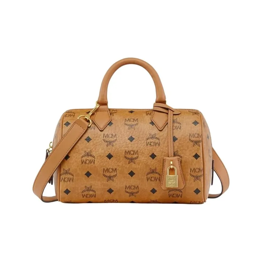 MCM Ella Canvas With Leather Boston Bag, Crossbody Handbag Trumpets Women's Cognac