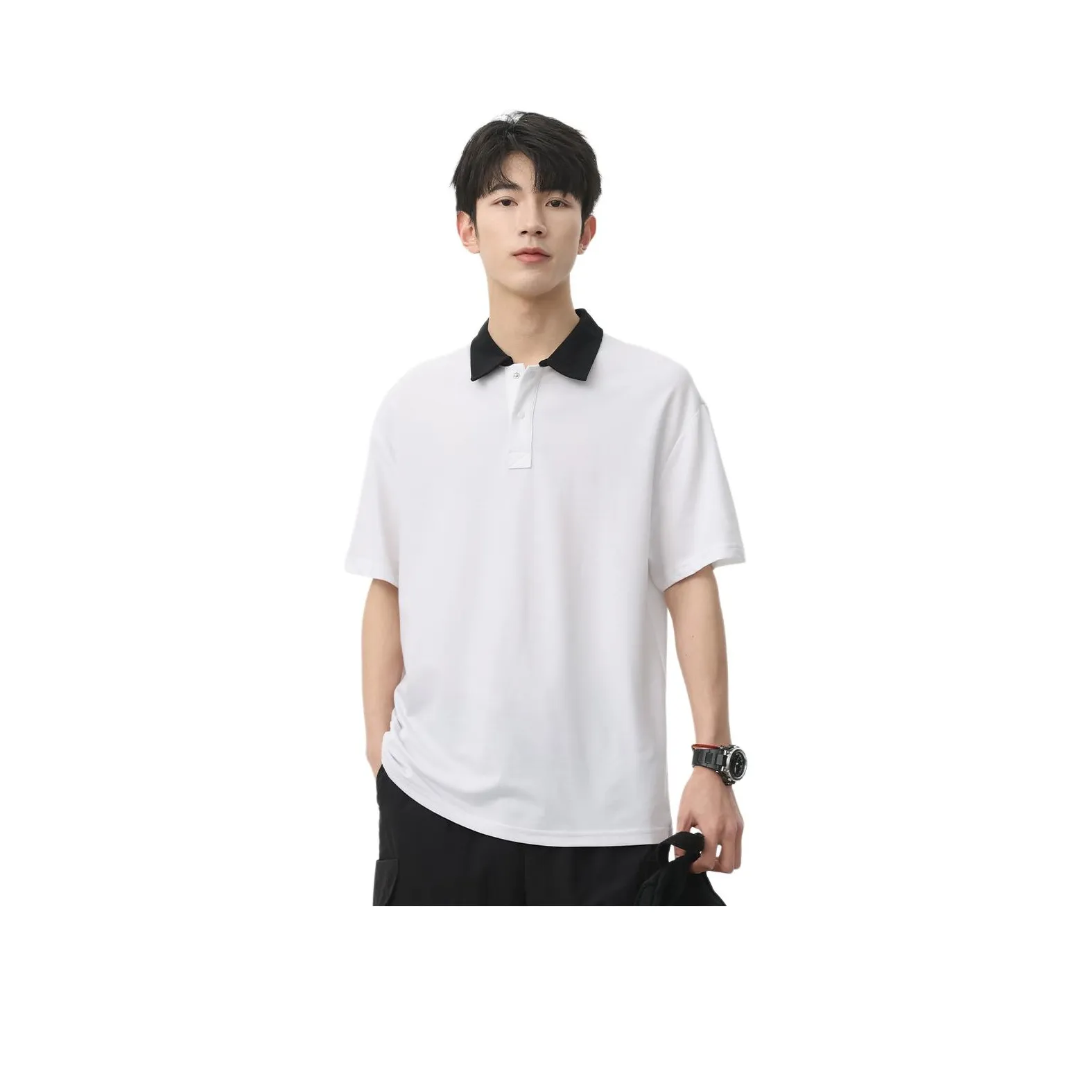 BALENO Мужской Юность Бизнес Модный Тренд Многоцветный Отложной Воротник Топ Свободный крой Короткий Рукав Летний Мужской Белый