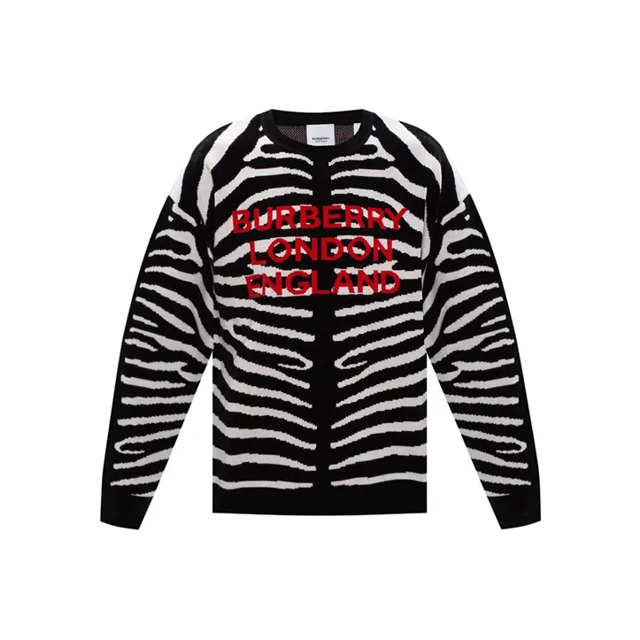 Burberry Men Logo Letter Zebra Pattern Pullover Long Sleeve Sweater Black