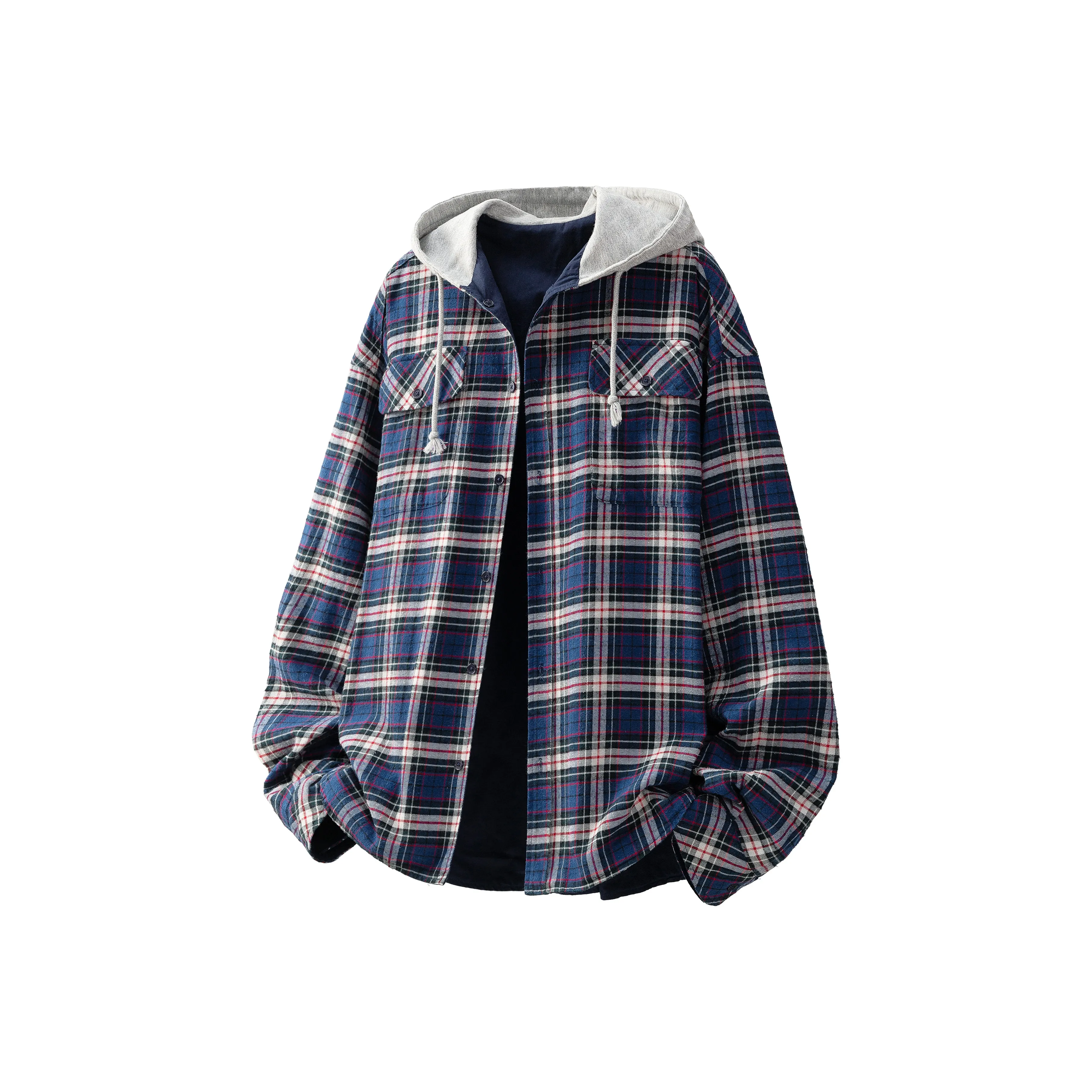 HOKLV Рубашка Унисекс Синий Серый Клетка