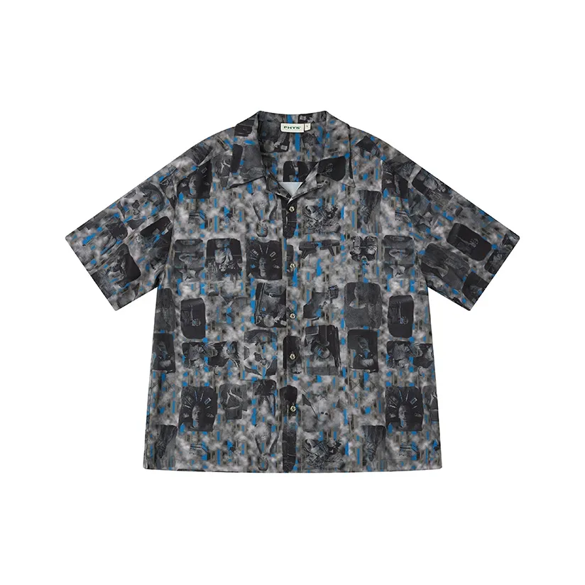 WULISHAONIAN Striped Short Sleeved Loose Fit Vintage Shirt Unisex Dark Gray With Blue Stripes