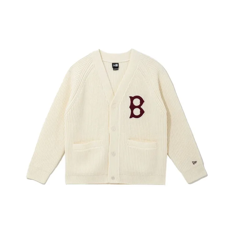 New Era Logo Print Wool Knit Cardigan Beige