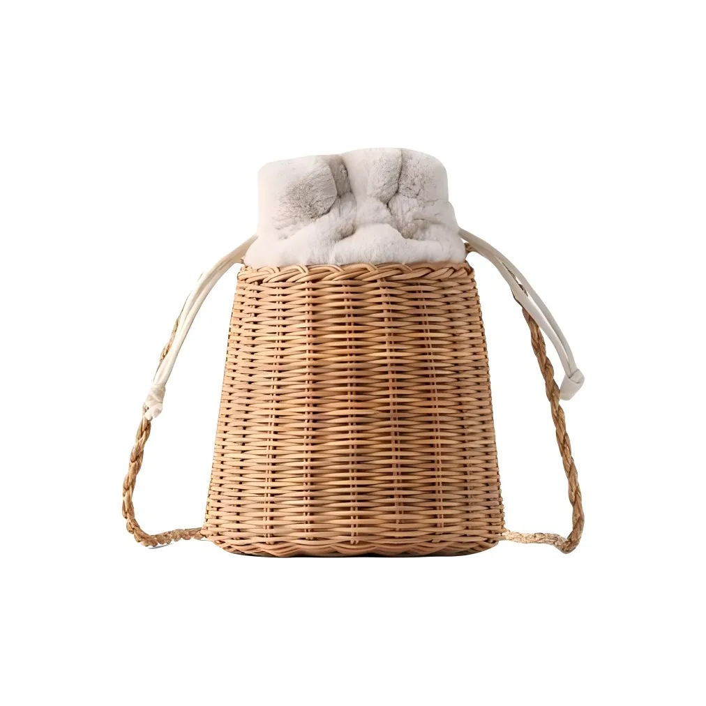 ZARA Rattan Bucket Bag, Shoulder Bag, Crossbody Bag, Handbag Women's Light Beige Yellow