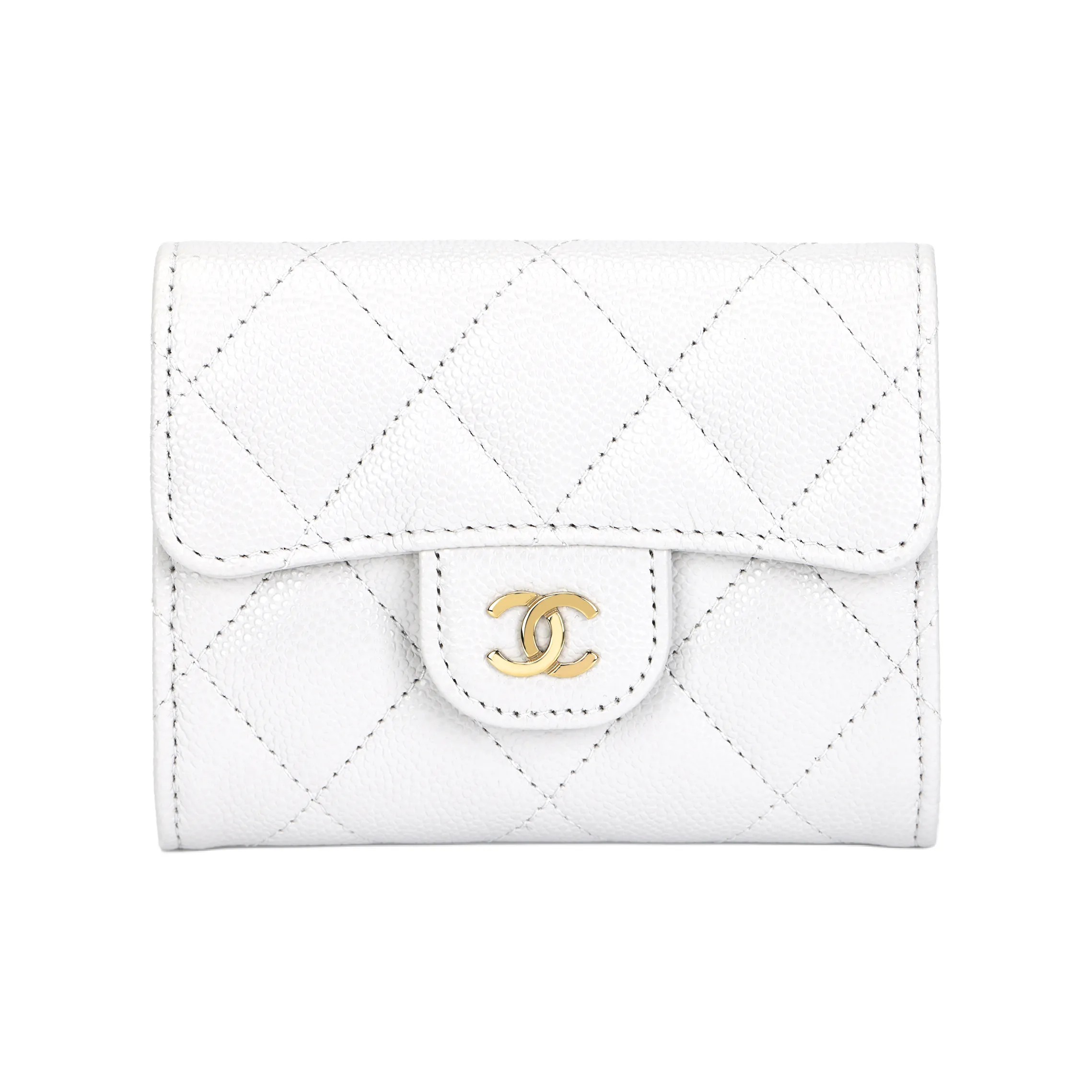 CHANEL Classic Flap CF Embossed Calfskin & Metal Flap Bag Coin Purse Wallet Women's White