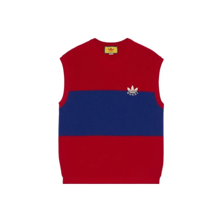 GUCCI X Adidas Originals FW22 Embroidered Colorblock Crew Neck Sleeveless Sweater Red