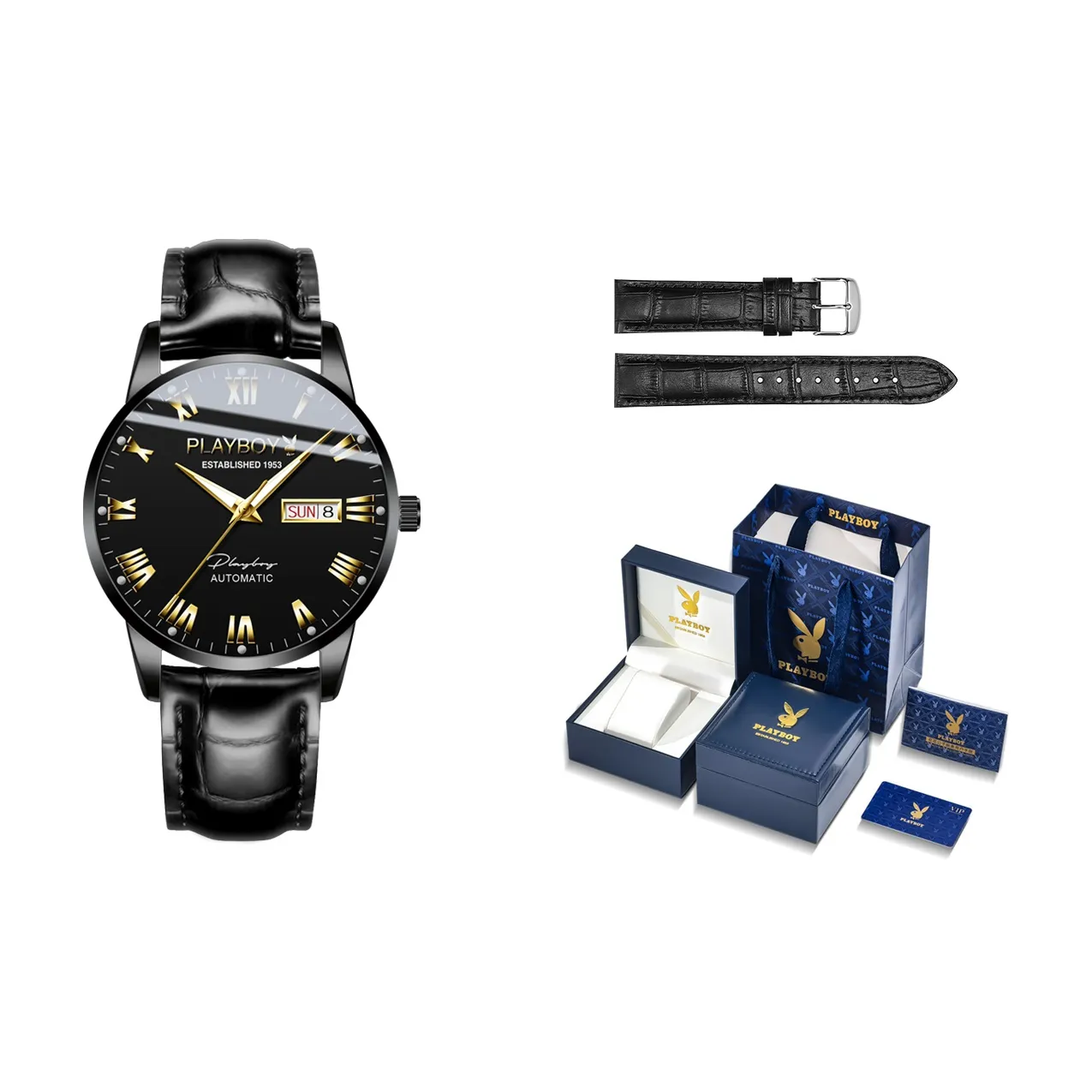 Playboy, Extra Thin Collection Mechanical Movement Leather Strap Watch Men's Watches Black Dial