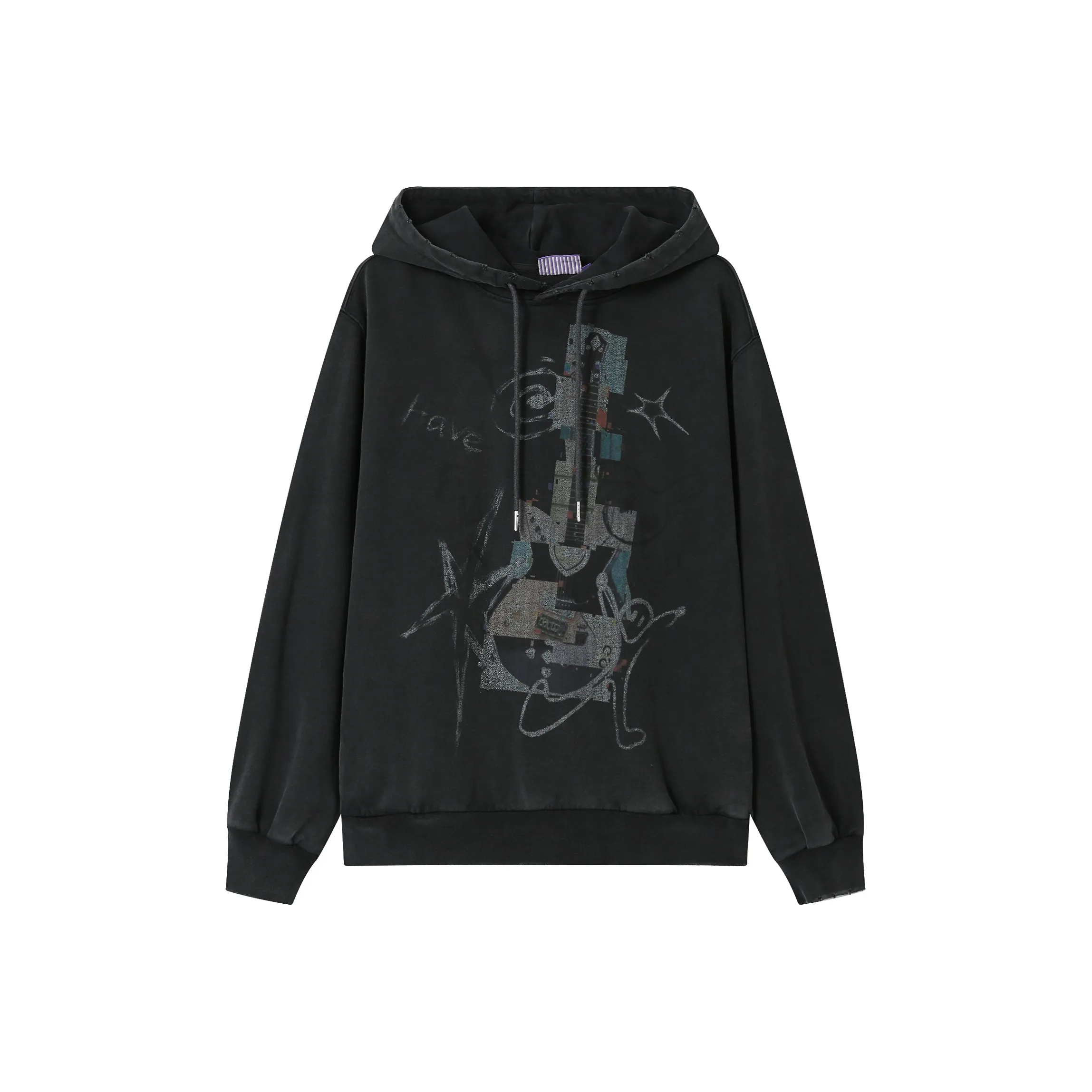 WULISHAONIAN Guitar Print Washable Ripped Vintage Casual Loose Fit Hoodie Unisex Dark Gray