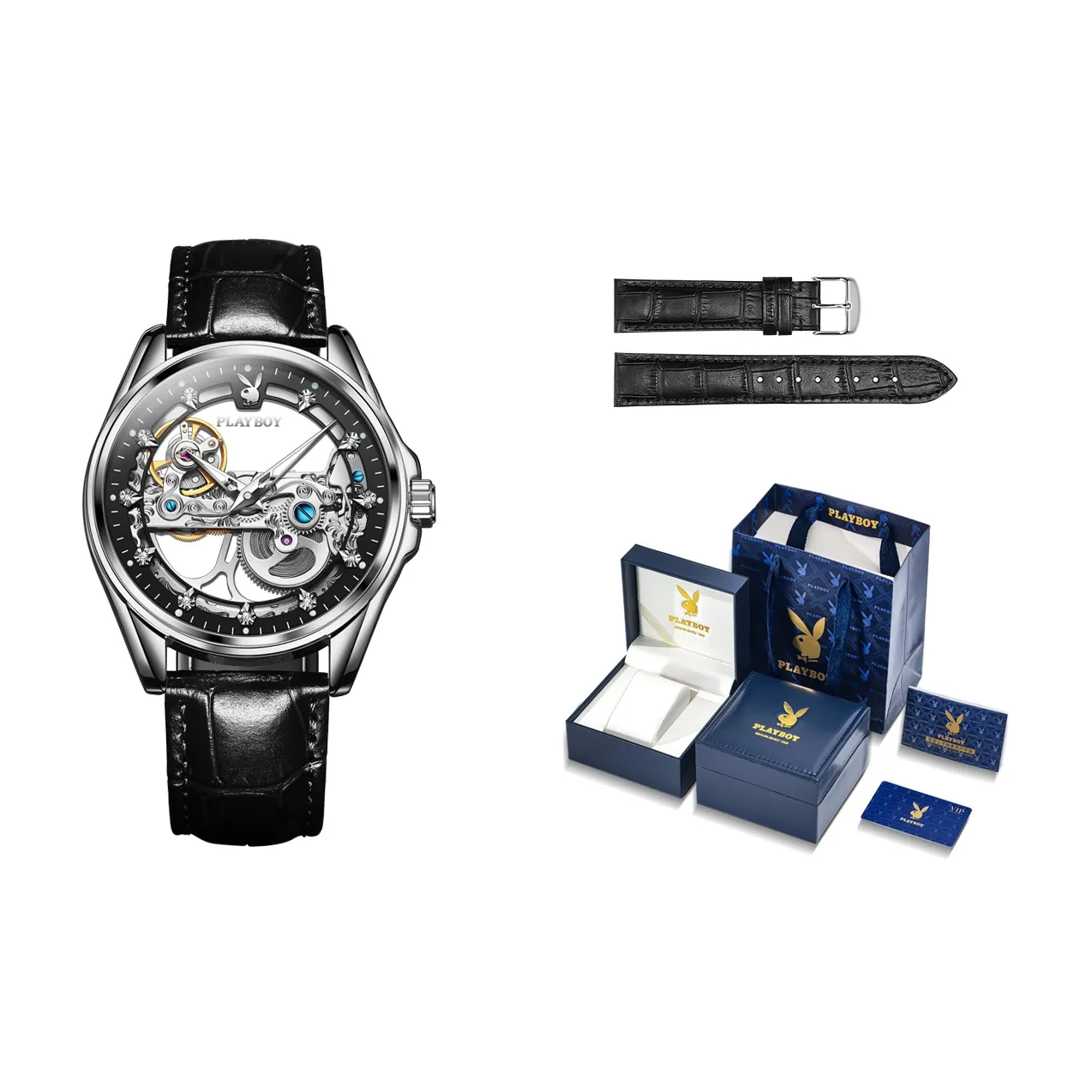 Playboy Mechanical Movement PU Strap Watch Men's Watches Cut Out Dial