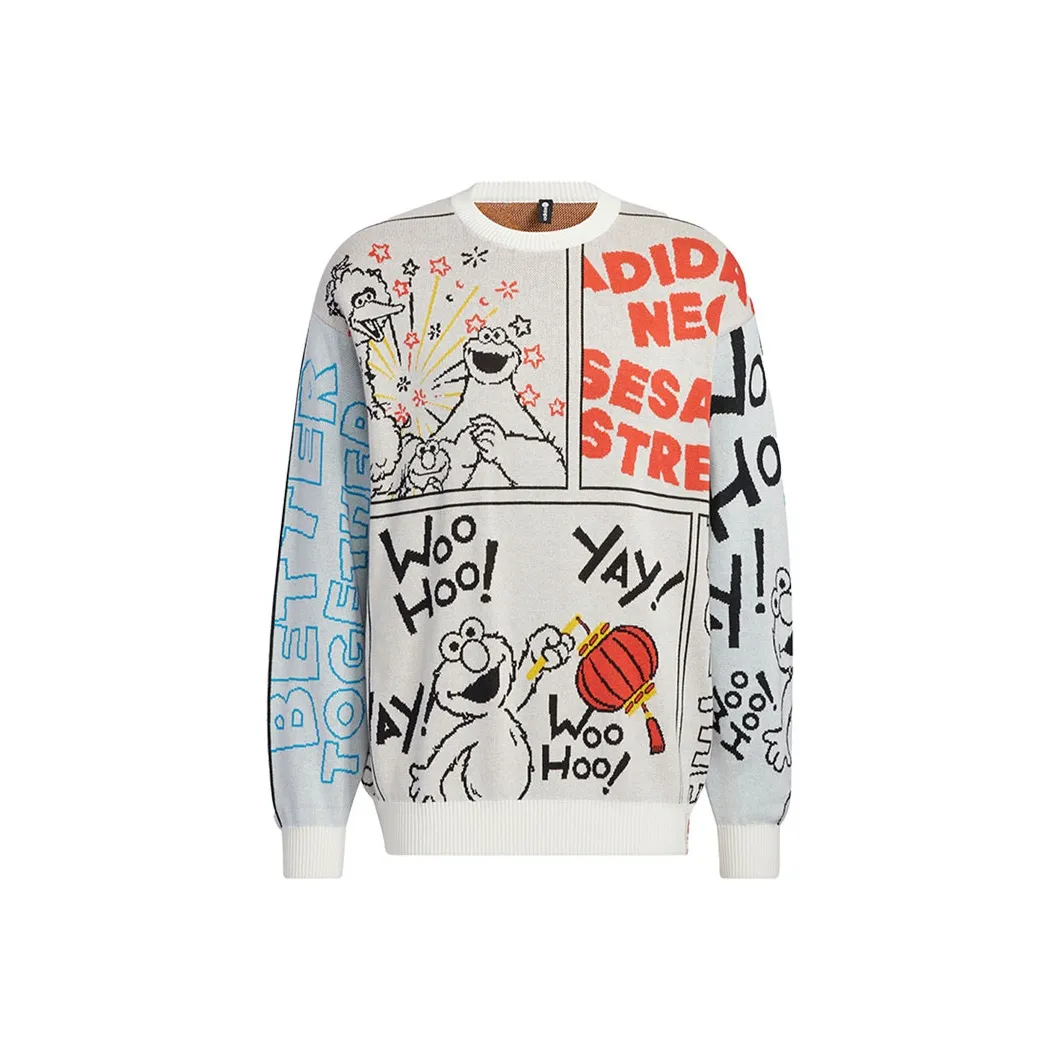 adidas X SESAME STREET Crossover Cartoon Alphabet Full Print Round Neck Knitwear
