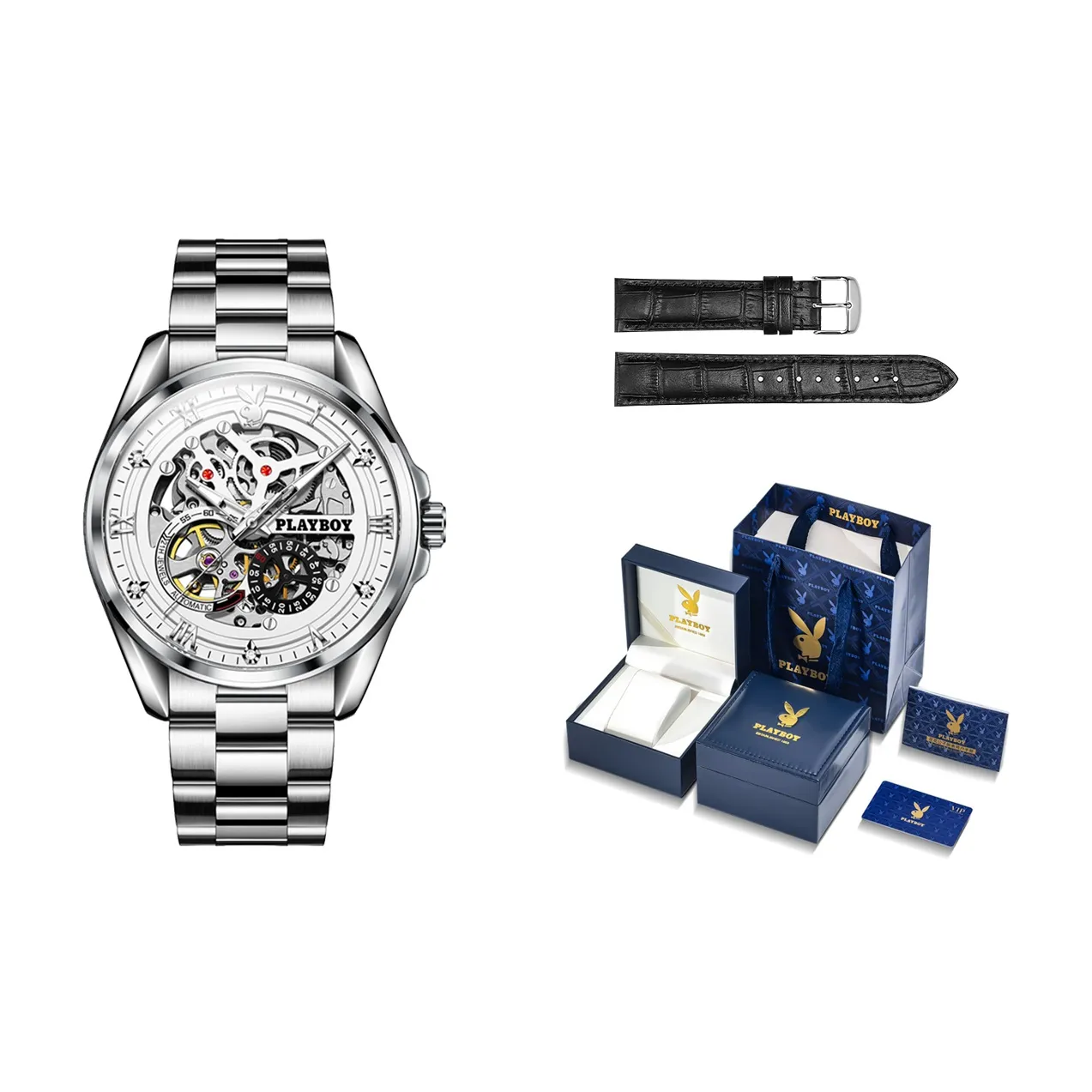 Playboy Explorer Collection Механическое устройство Кожаный ремешок Часы Мужские Белый циферблат
