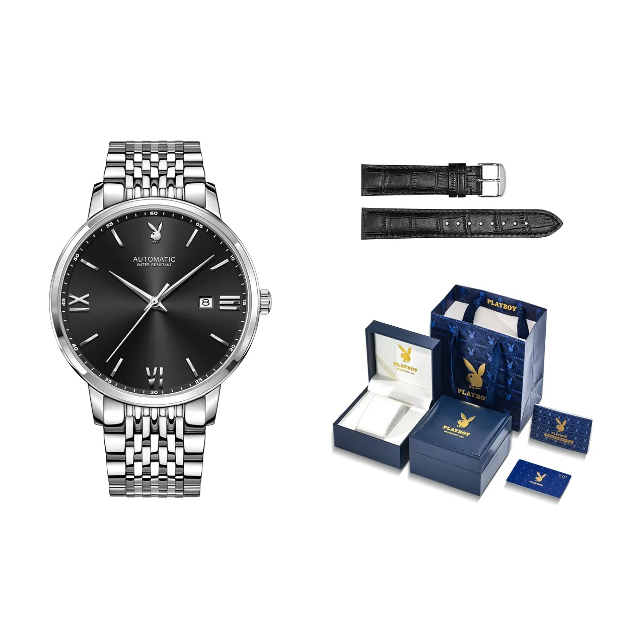 Playboy Nordic Style Love Collection Механический механизм ремешок из нержавеющей стали часы для мужчин черный циферблат