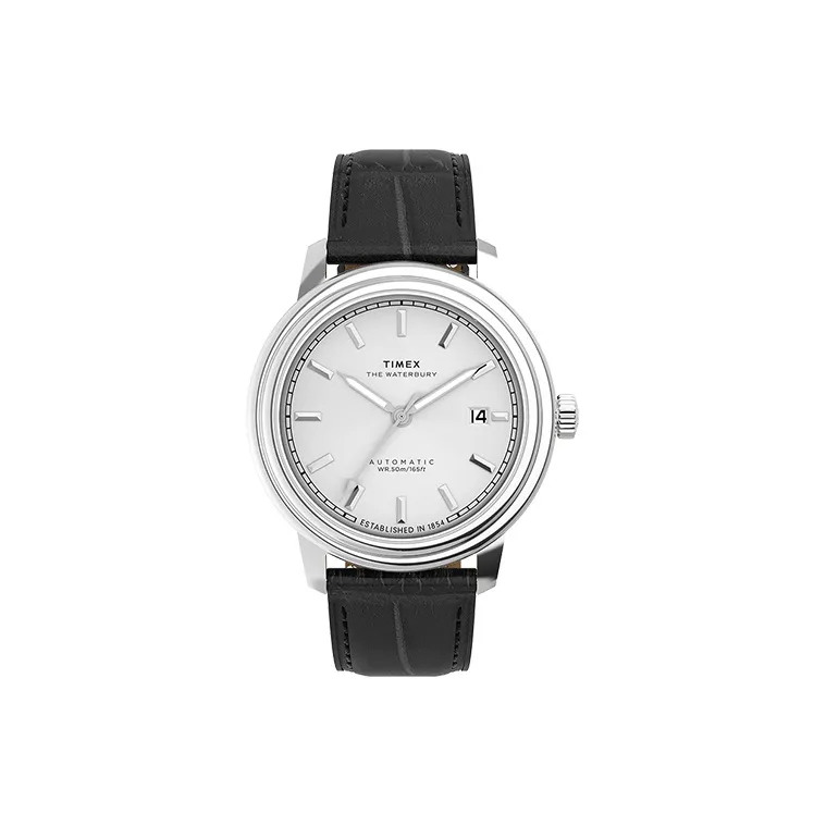 TIMEX Waterbury Collection Wrist Watch Automatic Mechanical Movement Genuine Leather Strap Black Dial Men's Watches