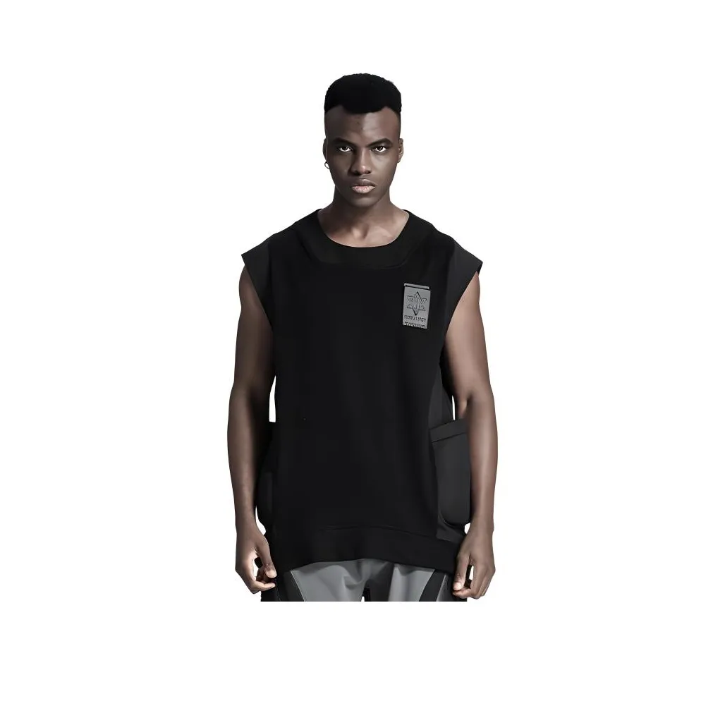 NORVINCY Лето Спорт Hanshan Основа Майка Карман Без рукавов Pure Cotton Круглый вырез Значок T Рубашка Мужская Черно-белая