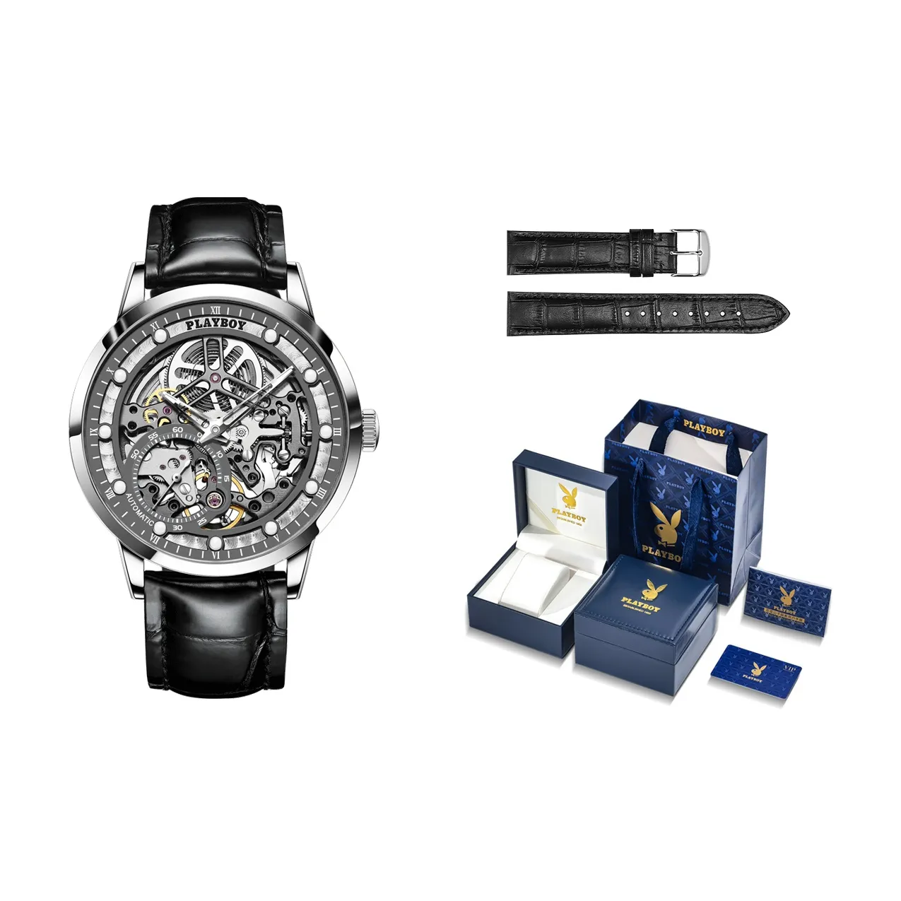 Playboy Street Culture Collection Механическое механическое устройство ПУ (полиуретан) ремешок Часы Мужские часы Черный циферблат