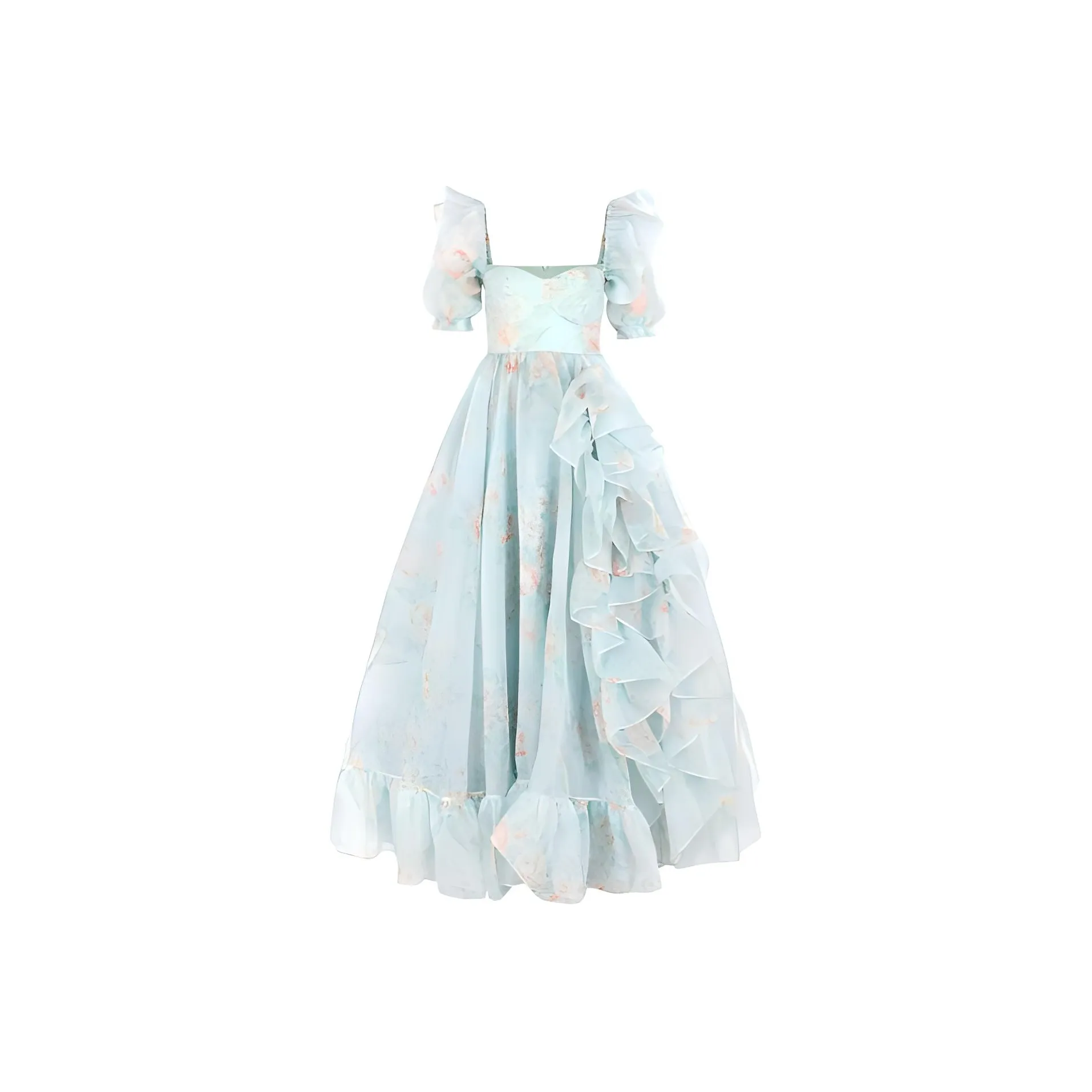 Selkie Collection SS24 Evening Dress Women's Light Blue Base With Mint Herbal Print