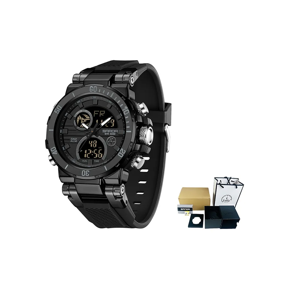 Sanda Электронный + Кварцевый механизм TPU Ремешок Часы Мужские Черный Циферблат