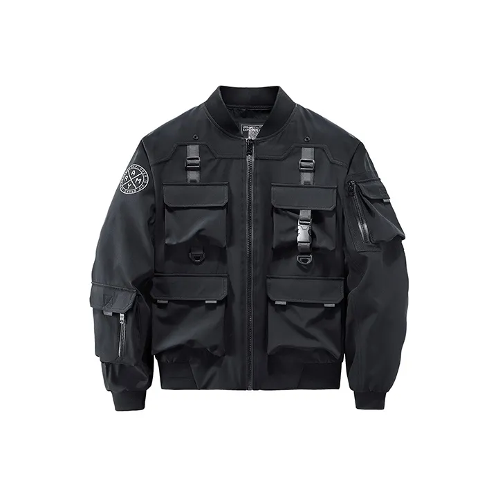 VIP Solid Logo Letter Techwear Multi Pocket Workwear Flight Jacket Men's Black