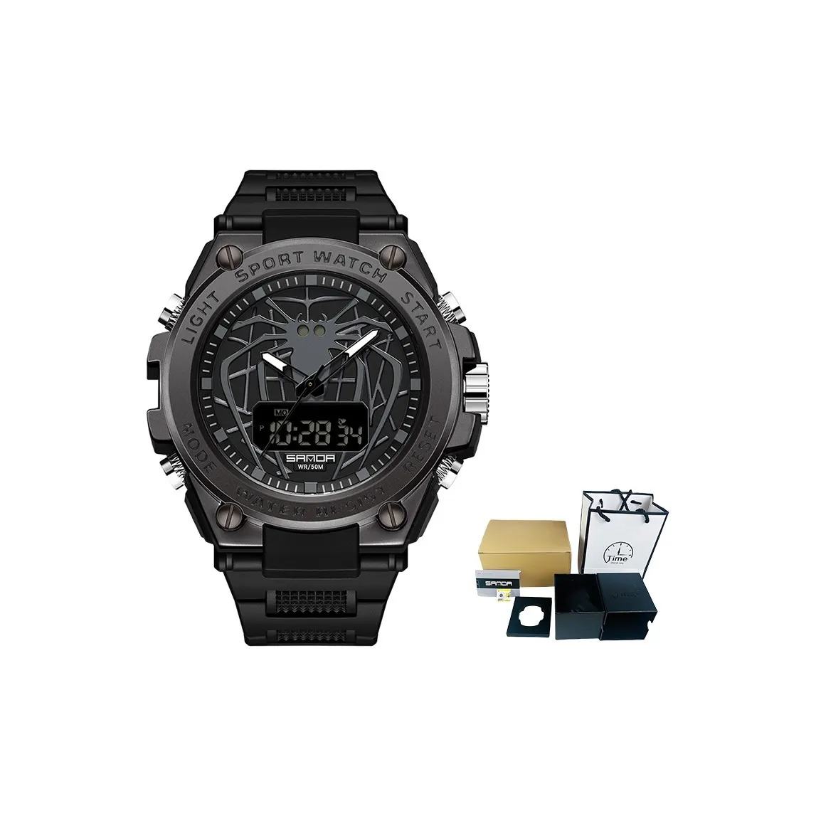 Sanda Электронный + Кварцевый механизм TPU Ремешок Часы Мужские Черный Циферблат