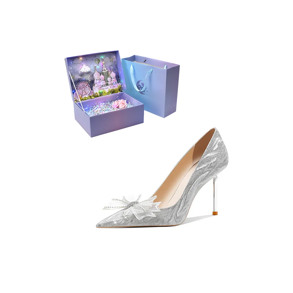 ROBINHOOD Замок Эксклюзив 3D Коробка Узкий каблук Высокие каблуки Женские Серебристый