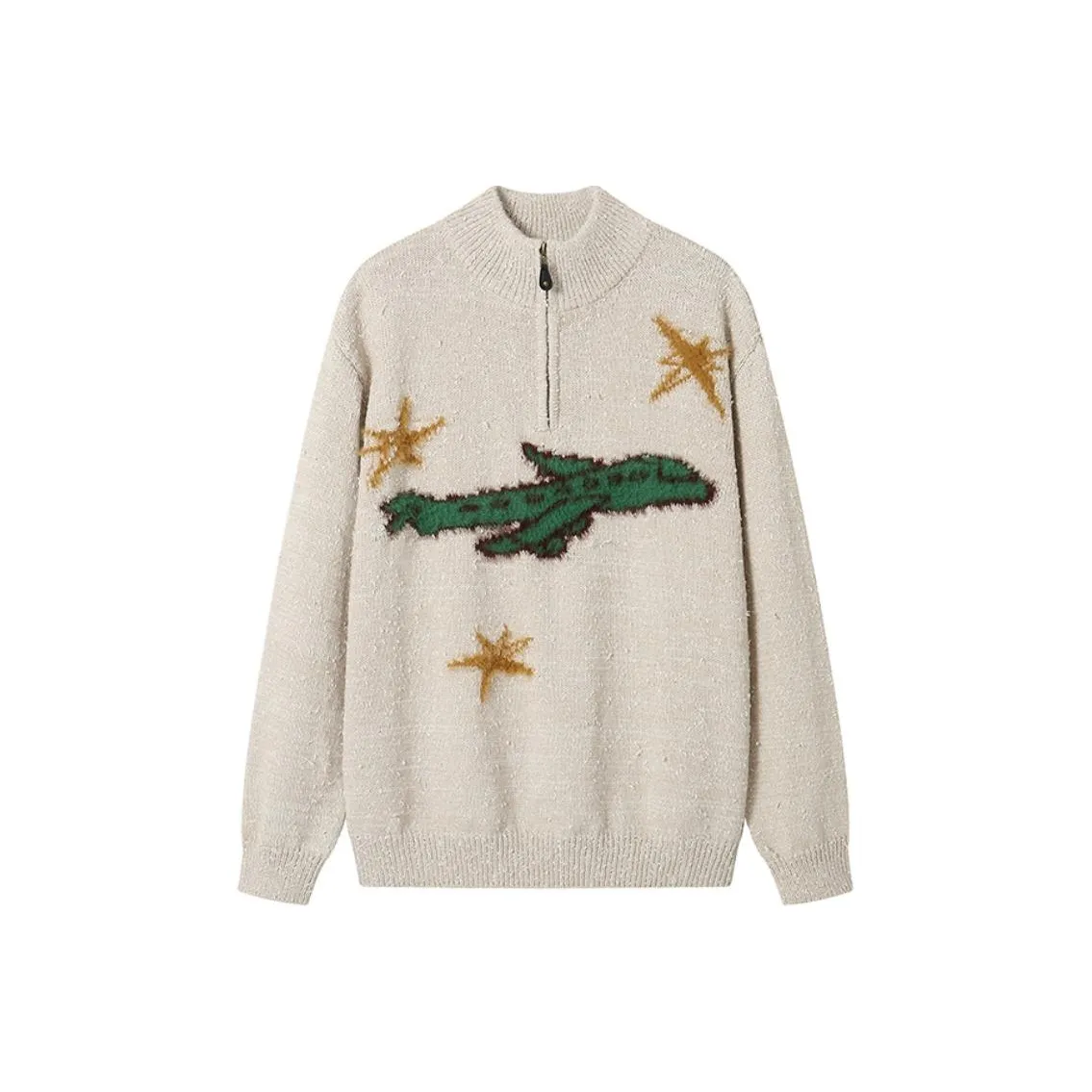 WULISHAONIAN Top With Muscle Texture Zip Closure Half Turtleneck Knitted Fabric Sweater Unisex Beige Green