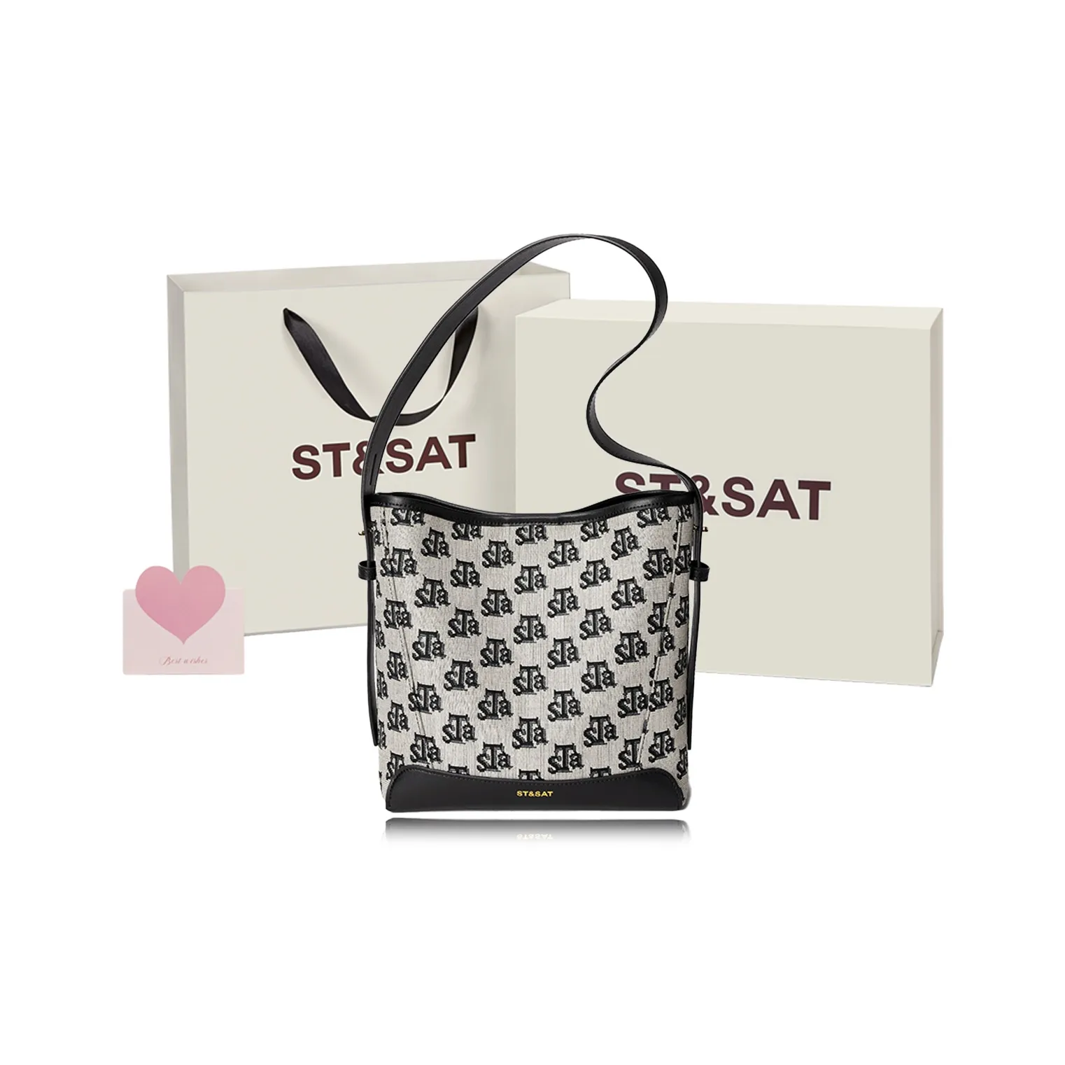 ST&SAT Fabric, Synthetic Leather Crossbody Bag, Shoulder Bag, Handbag, Bucket Bag Regular Women's Black